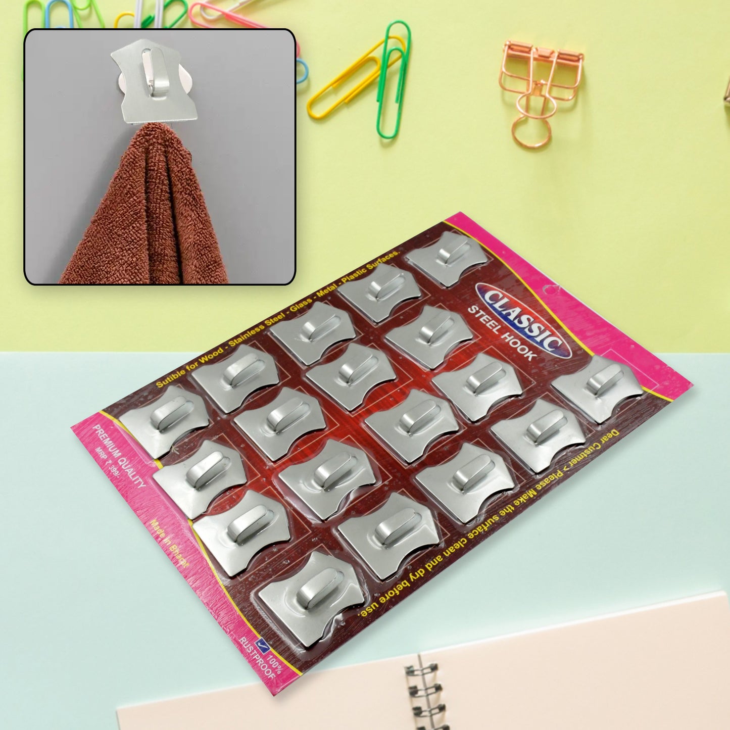 Multipurpose Stainless Steel Wall Hanging Hook 18 Pc Self Adhesive Stainless Steel Heavy Duty Wall Hooks For Hanging Clothes Calender Bathroom Tiles Kitchen Key Hange (18 Pc Set) - Happy Price - Image 2