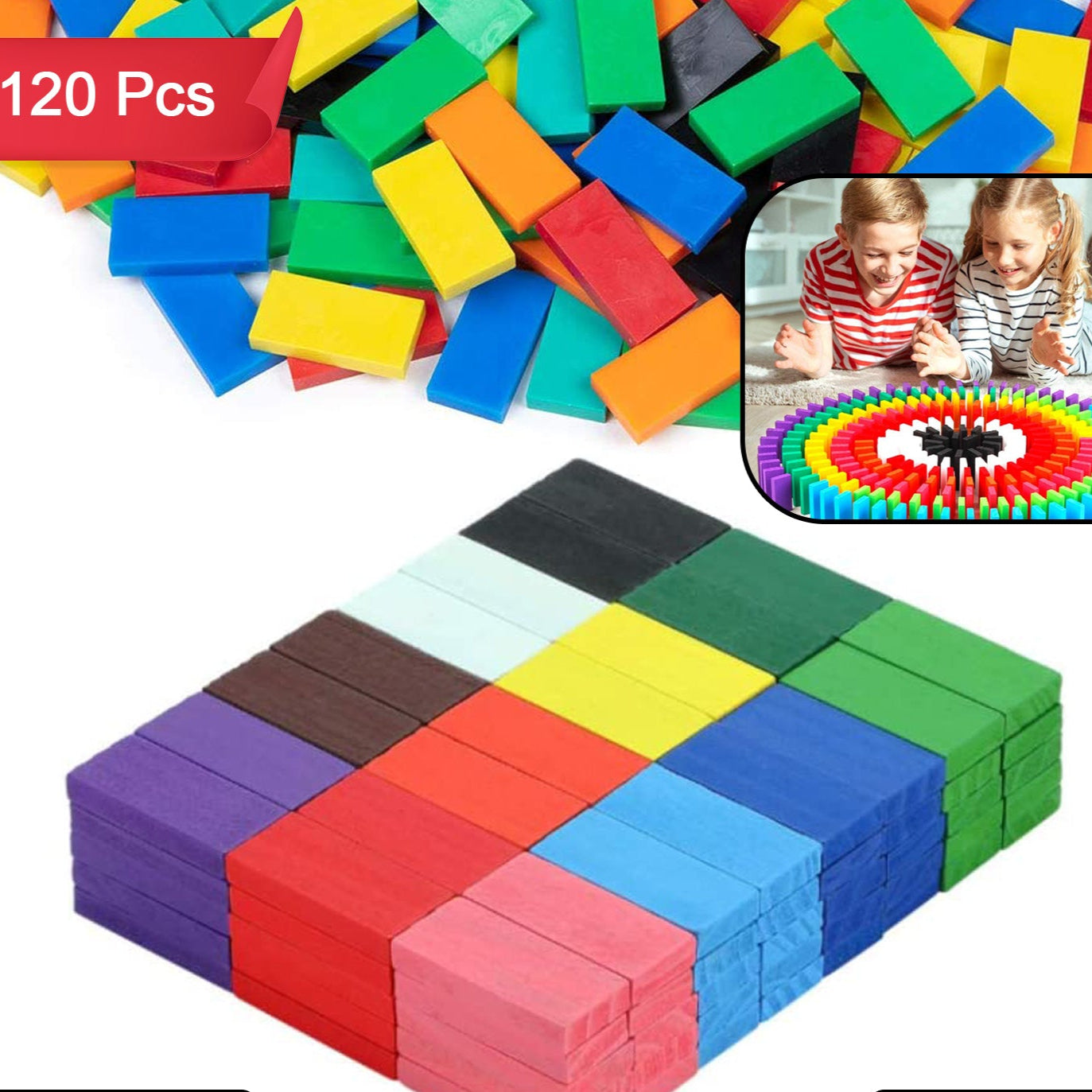 120pc Dominoes Blocks Set Multicolor Wooden Toy Building Indoor Game Toy. - Happy Price - Image 1