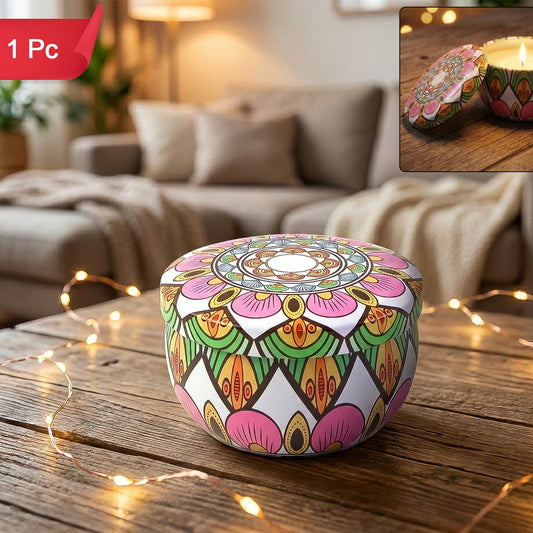Decorative Mandala Metal Candle Jar with Lid (1 Pc) - Reusable Tin for DIY Crafts & Home Decor - Happy Price - Image 1