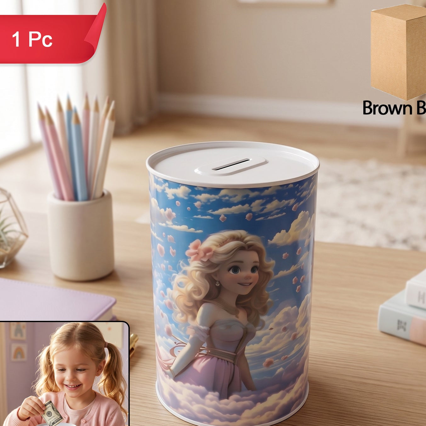 Cute Princess Design Metal Coin Box - 1 Pc Kids Money Bank - Happy Price - Image 1