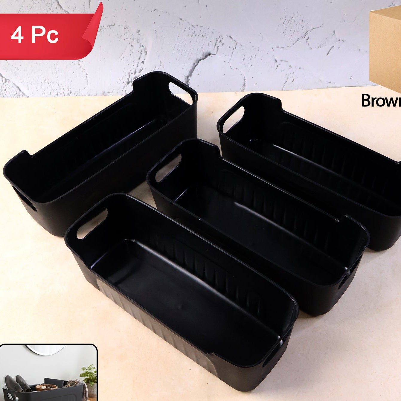Set of 4 Black Plastic Storage Baskets with Handles - Happy Price - Image 1