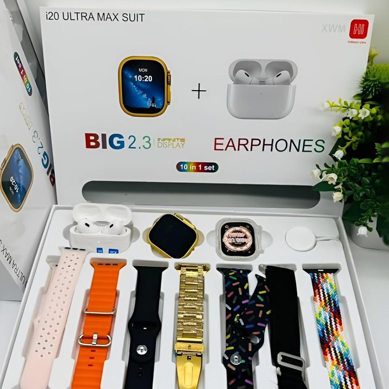 10 In1 Set Ultra Smart Bluetooth Calling Smartwatch + Earphones With Transparent Screen Guard Watch With Seven Classic Straps (Mix Color) - Happy Price - Image 1