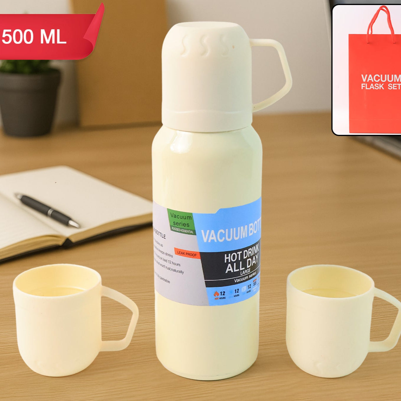 White Vacuum Flask Set  Stainless Steel Thermos With 3 Cups Approx 500ml - Happy Price - Image 1