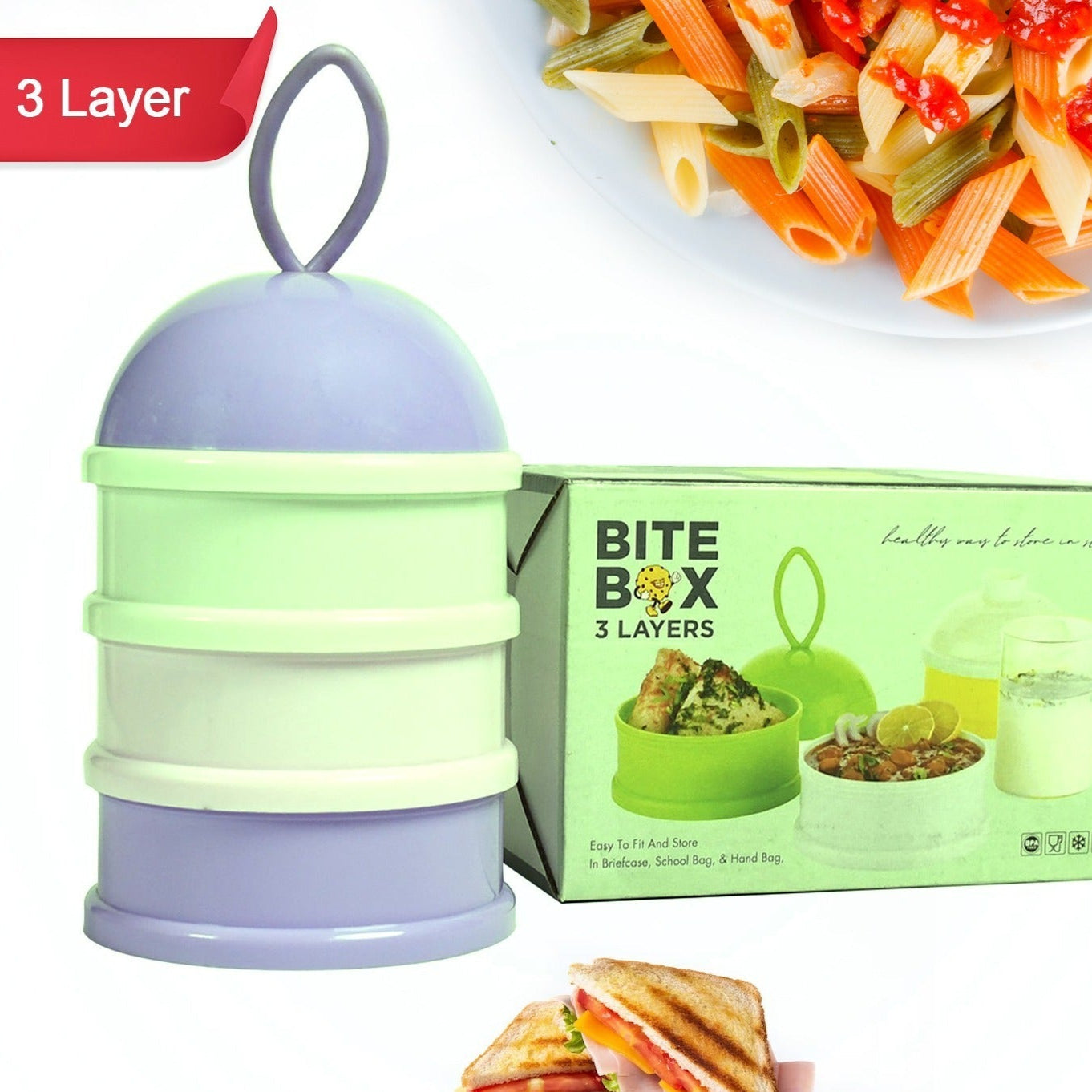 3 Layer Lunch Box Unique Design Bite Lunch Box With Liquid  Food Container Lunch Box (Green) - Happy Price - Image 1