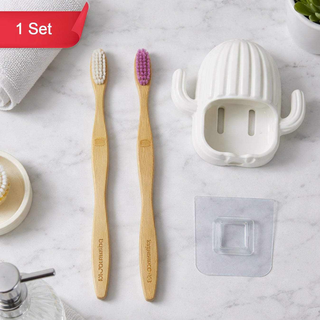 Wall Mounted Toothbrush Holder Set with 2 Bamboo Brushes - Cactus Design - Happy Price - Image 1
