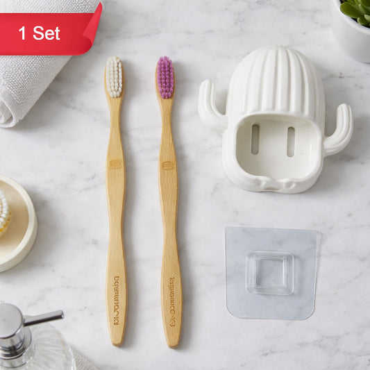 Wall Mounted Toothbrush Holder Set with 2 Bamboo Brushes - Cactus Design - Happy Price - Image 1