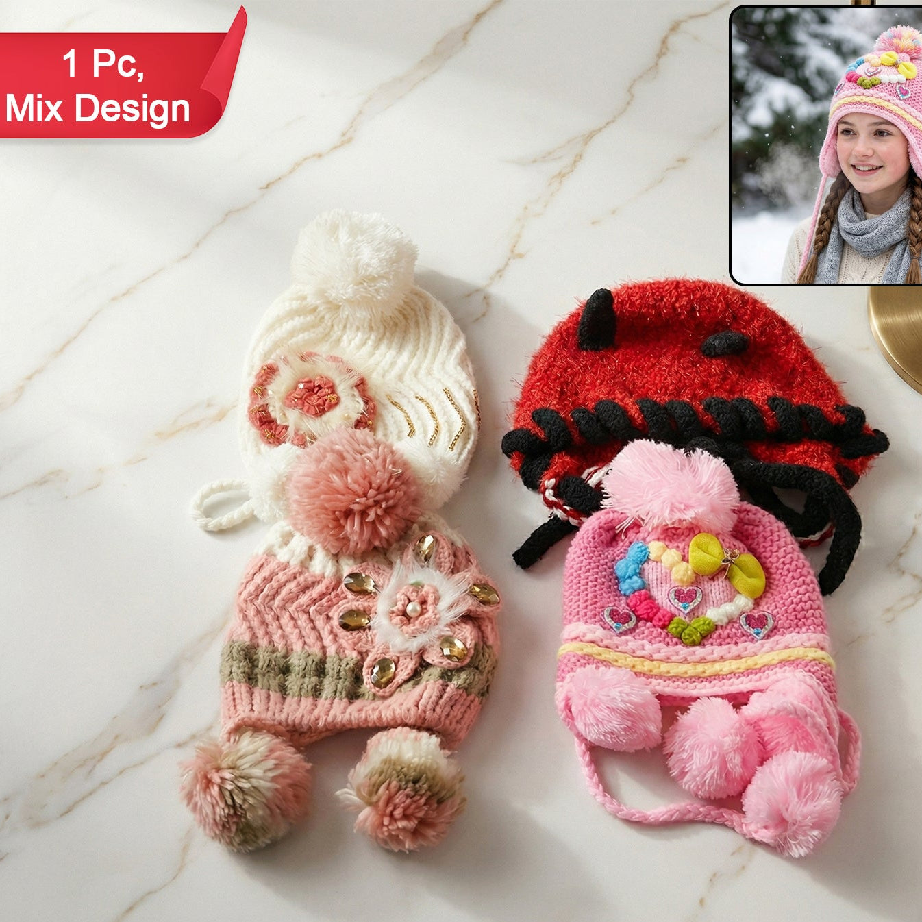 Cute Kids Winter Woolen Ear Flap Cap With Pom Pom (1 Pc Mix Design)