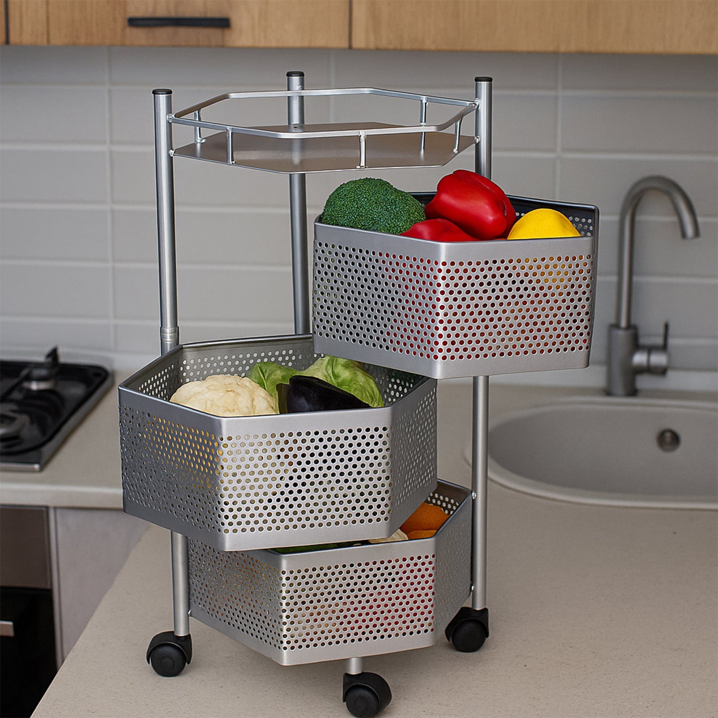 Premium 3-Layer Hexagon Kitchen Storage Trolley with Wheels (1 Pc) - Happy Price - Image 5