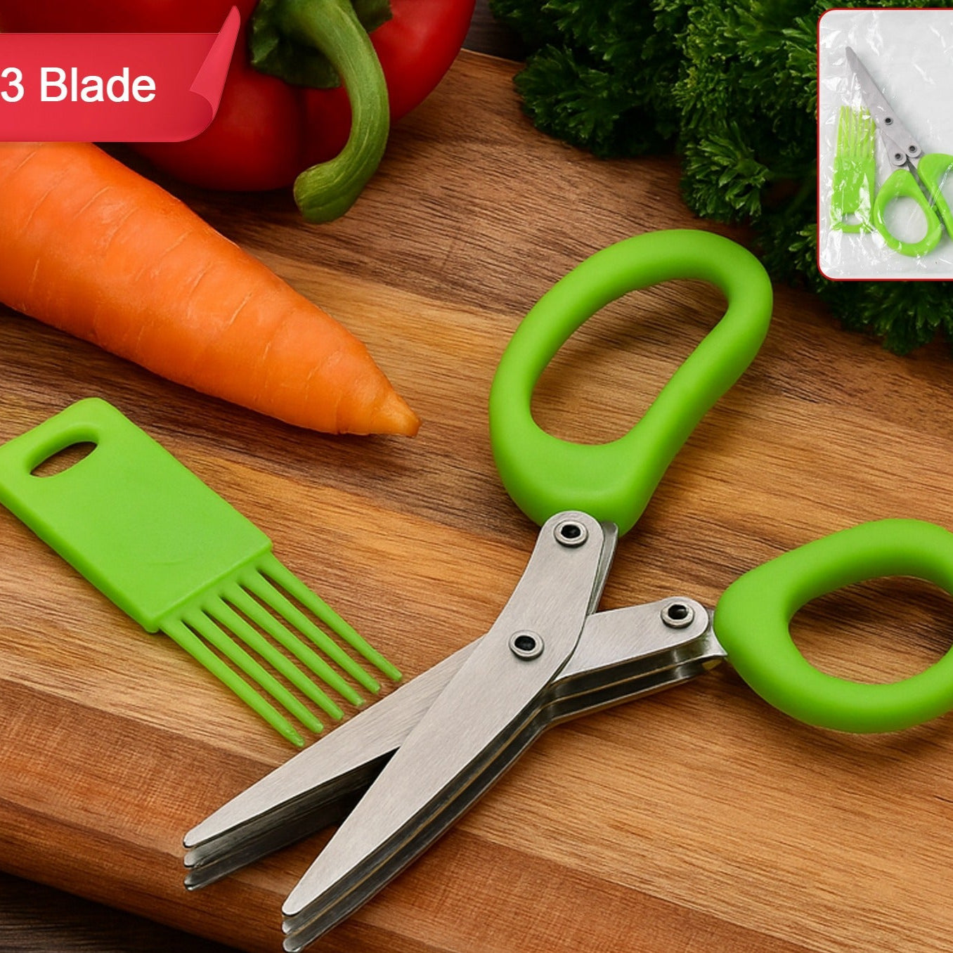 3-Blade Kitchen Herb Scissors with Cleaning Comb - Stainless Steel Cutter for Vegetables & Garnishes (1 Pc) - Happy Price - Image 1