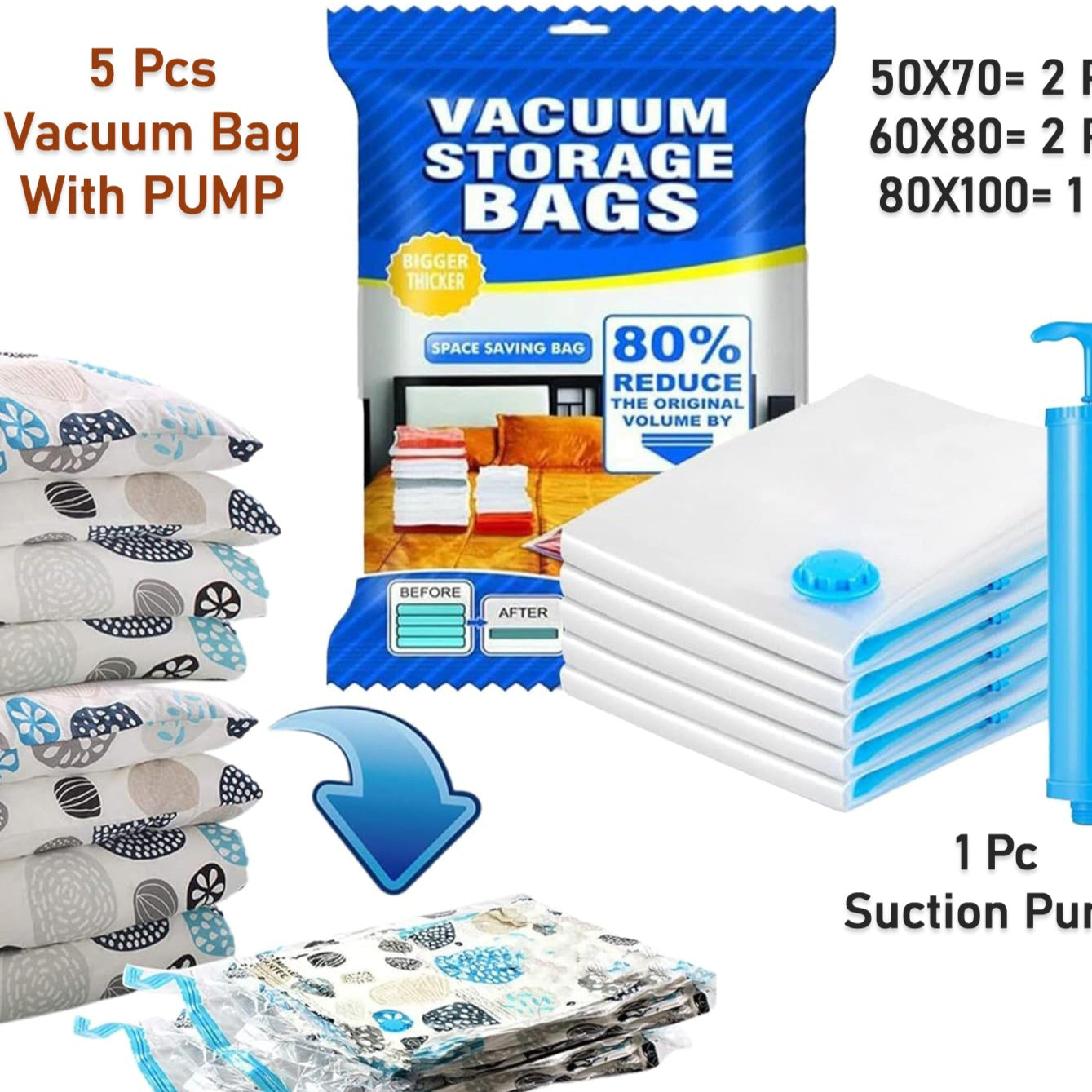 Vacuum Storage Bags With Suction Pump  Shirt Clips - Vacuum Bags - Big Capacity Vacuum Seal Bags For Travel Clothes Blankets Pillows Compression Bags  Space Saver Vacuum Storage Bags (5 Pcs Set) - Happy Price - Image 1