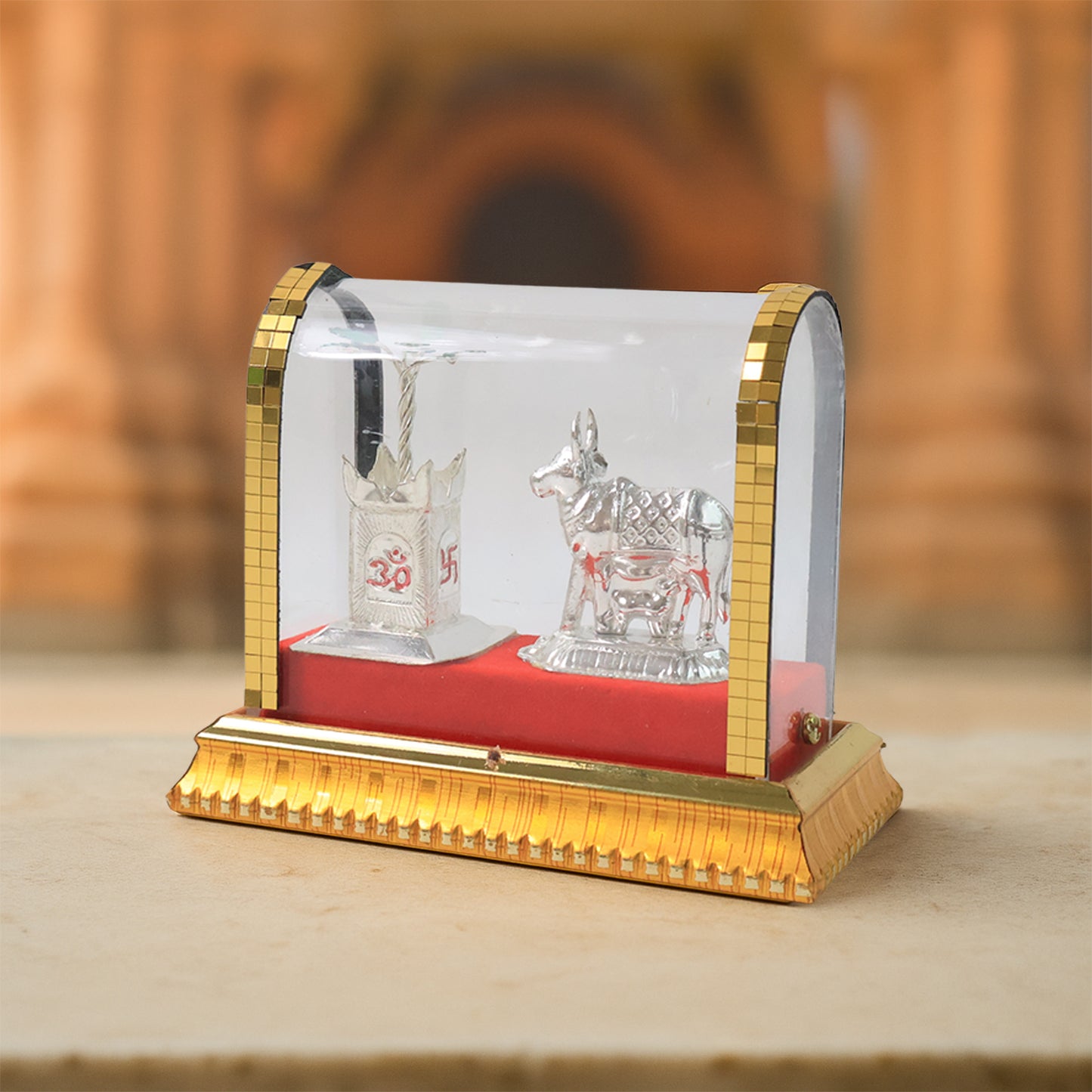 Silver-Plated Kamdhenu Cow with Calf and Tulsi Idol Set in Acrylic Case - Happy Price - Image 4