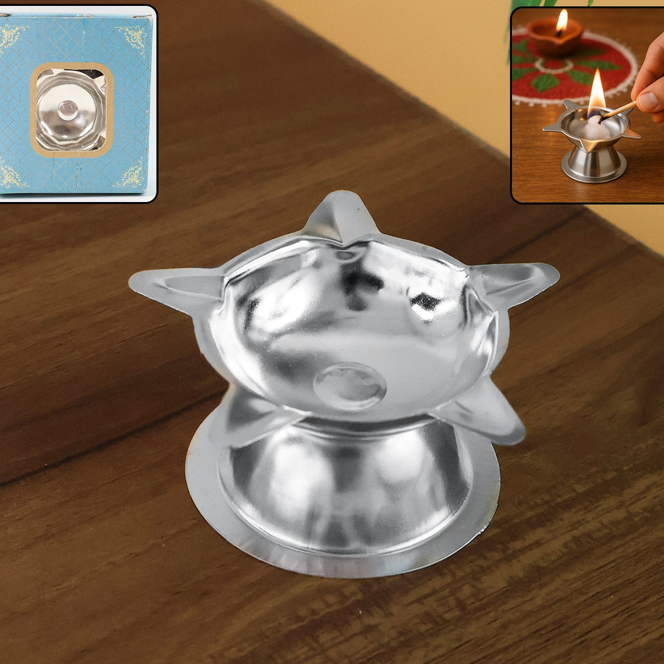 Stainless Steel Lotus Diya - 1 Piece Traditional Oil Lamp for Puja - Happy Price - Image 1