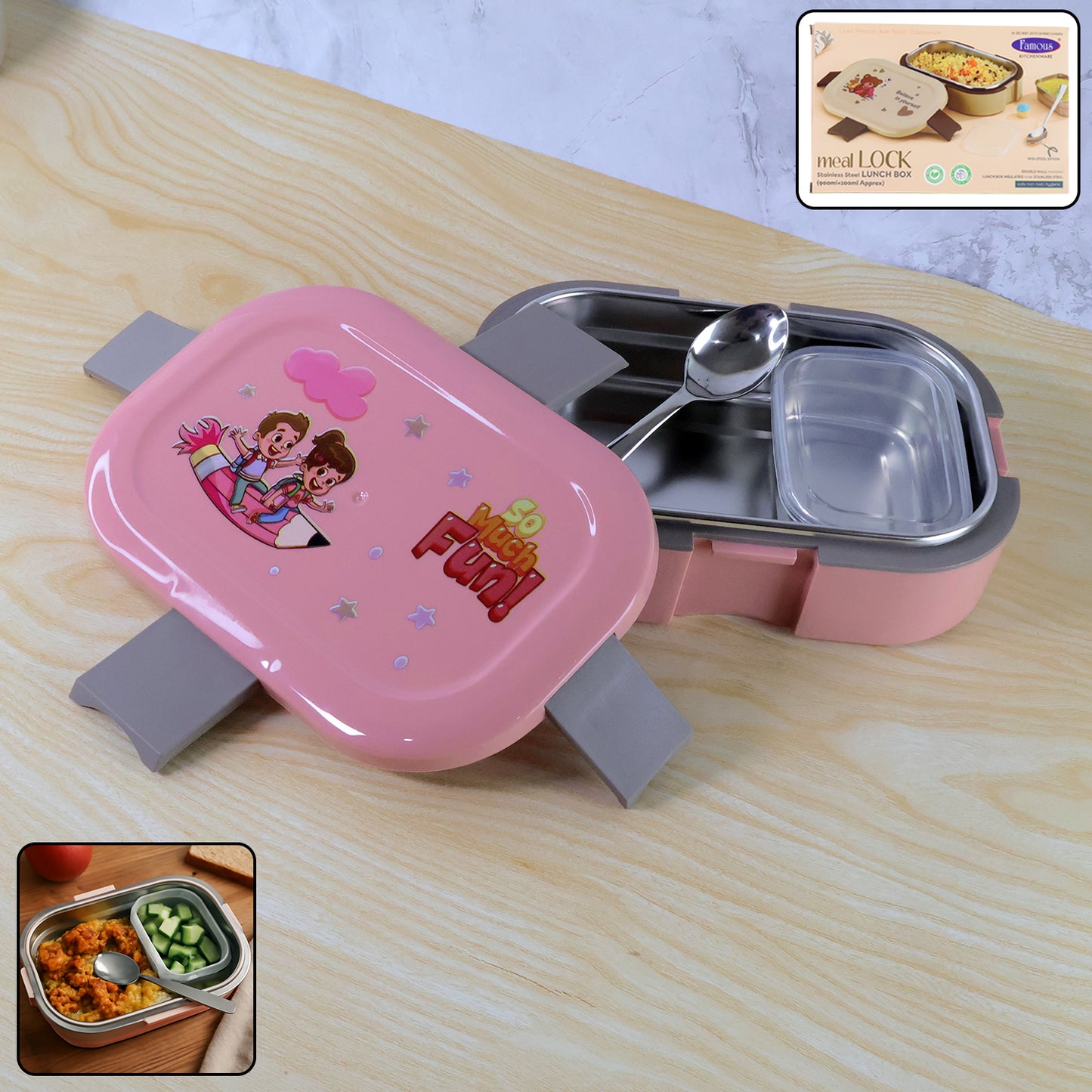 Kids Cartoon Lunch Box Set with Stainless Steel Tray - 1 Set - Happy Price - Image 6