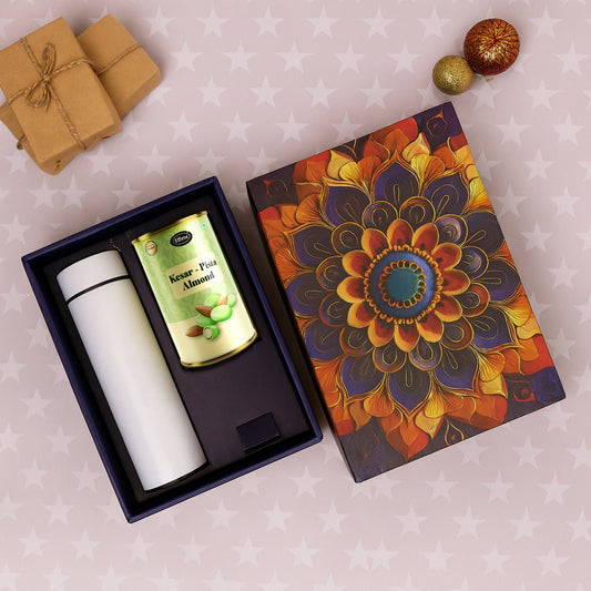 Kesar Pista Almond Chocolate Gift Hamper with Stainless Steel Bottle (2 Pc Set) - Happy Price - Image 1