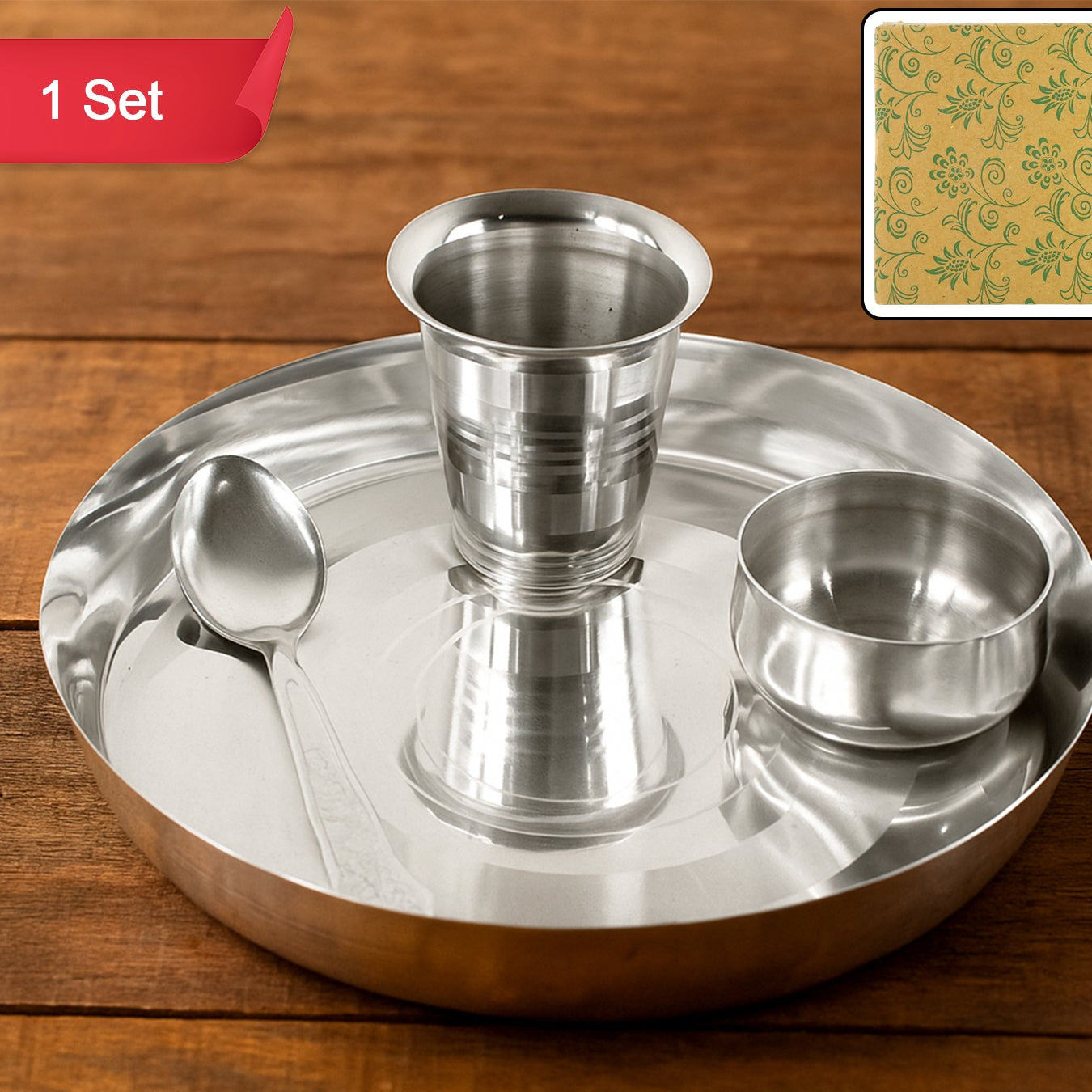 Stainless Steel Pooja Thali Set with Katori, Glass & Spoon - 4 Pcs - Happy Price - Image 1