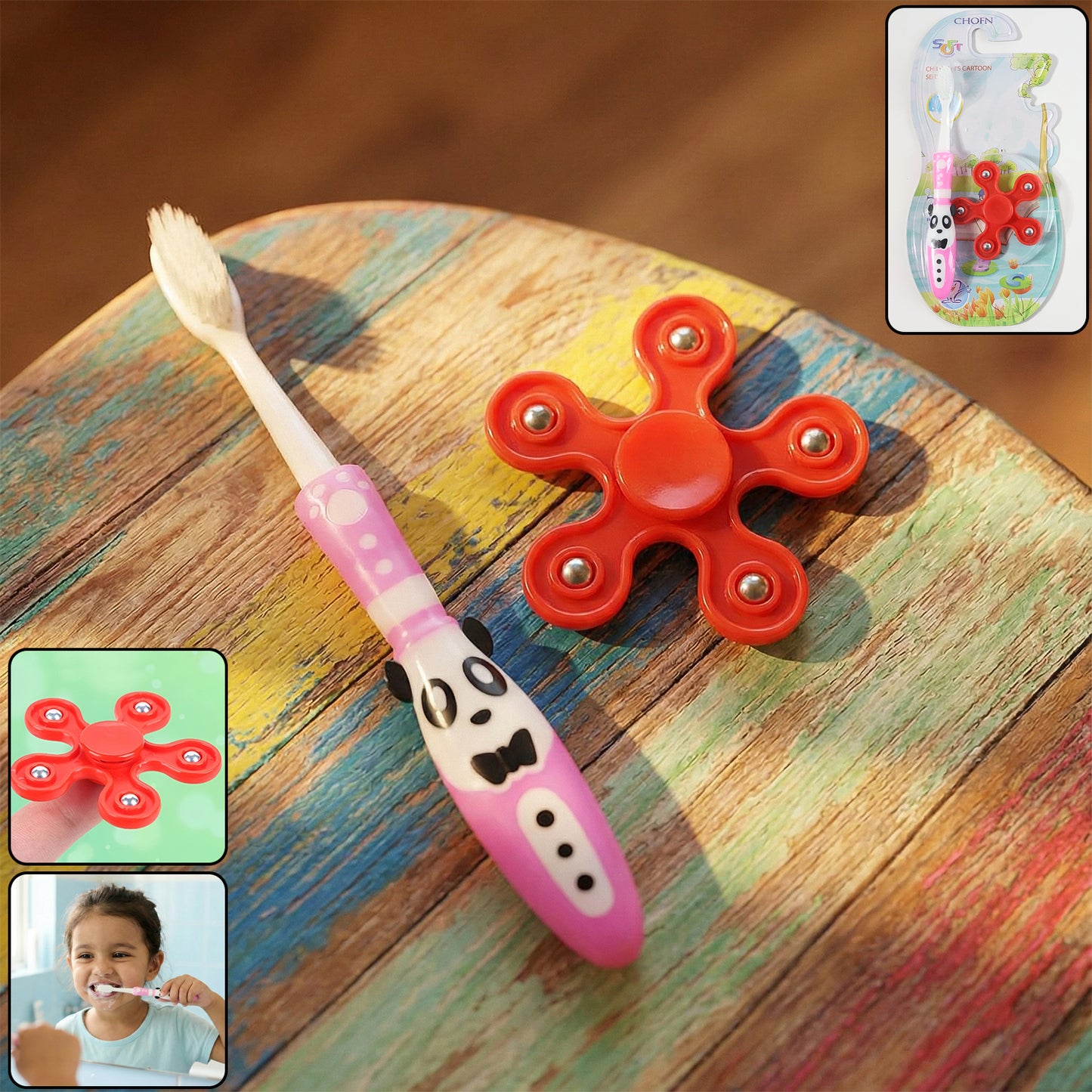 Kids Toothbrush & Fidget Spinner Fun Set - Panda Design - Happy Price - Image 2