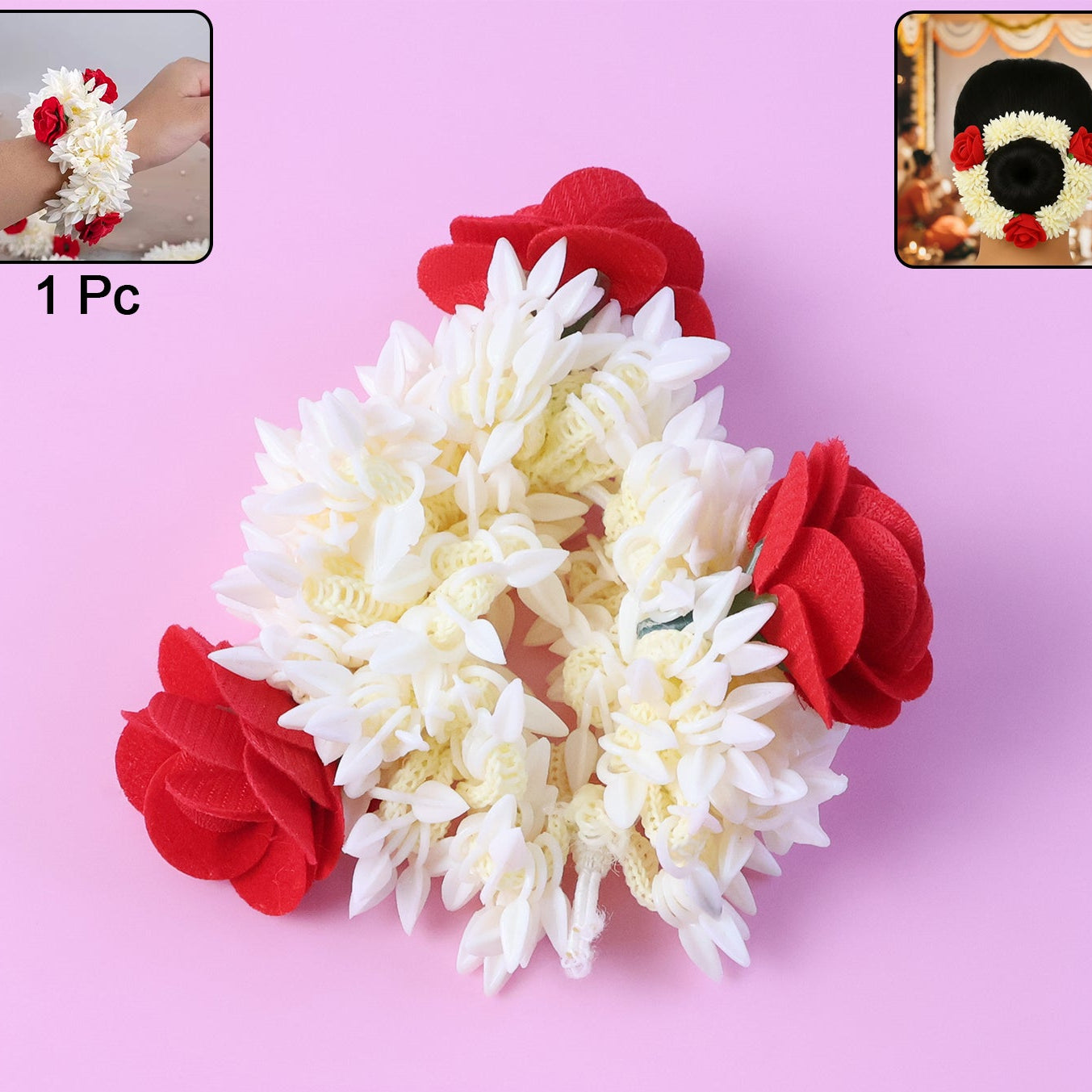 Artificial Flower Gajra with Red Roses & White Jasmine - 1 Pc Hair Accessory - Happy Price - Image 1