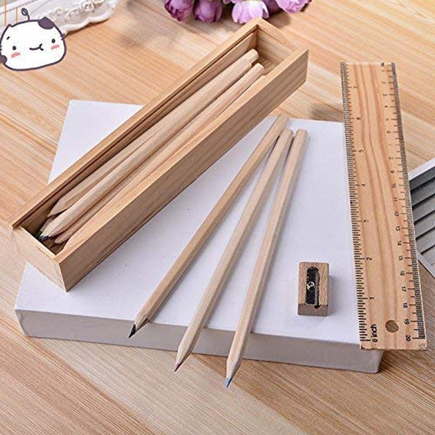 Colorful Wooden Pencil Set With Pencil Box Ruler Sharpener For For Kids Artist Architect - Happy Price - Image 3