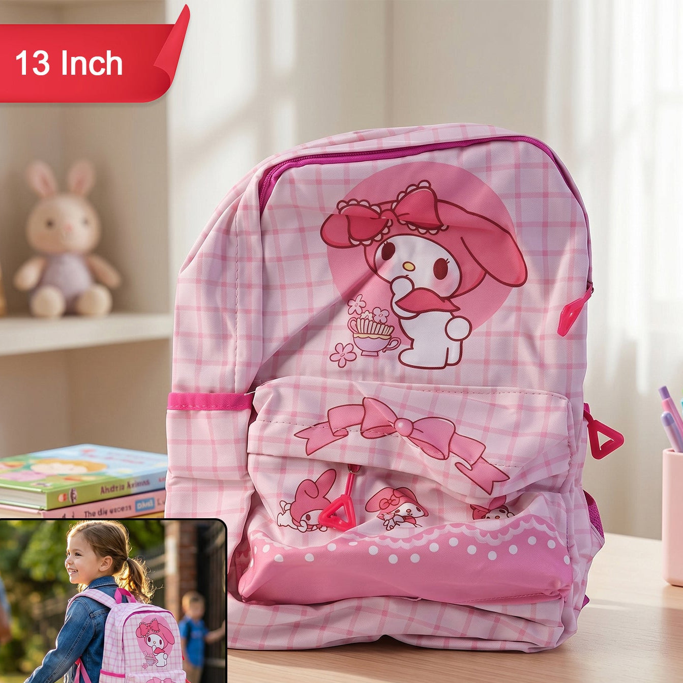 Cute Bunny & Bow Backpack - 13 Inch Kids School Bag (1 Pc) - Great Price - Image 1