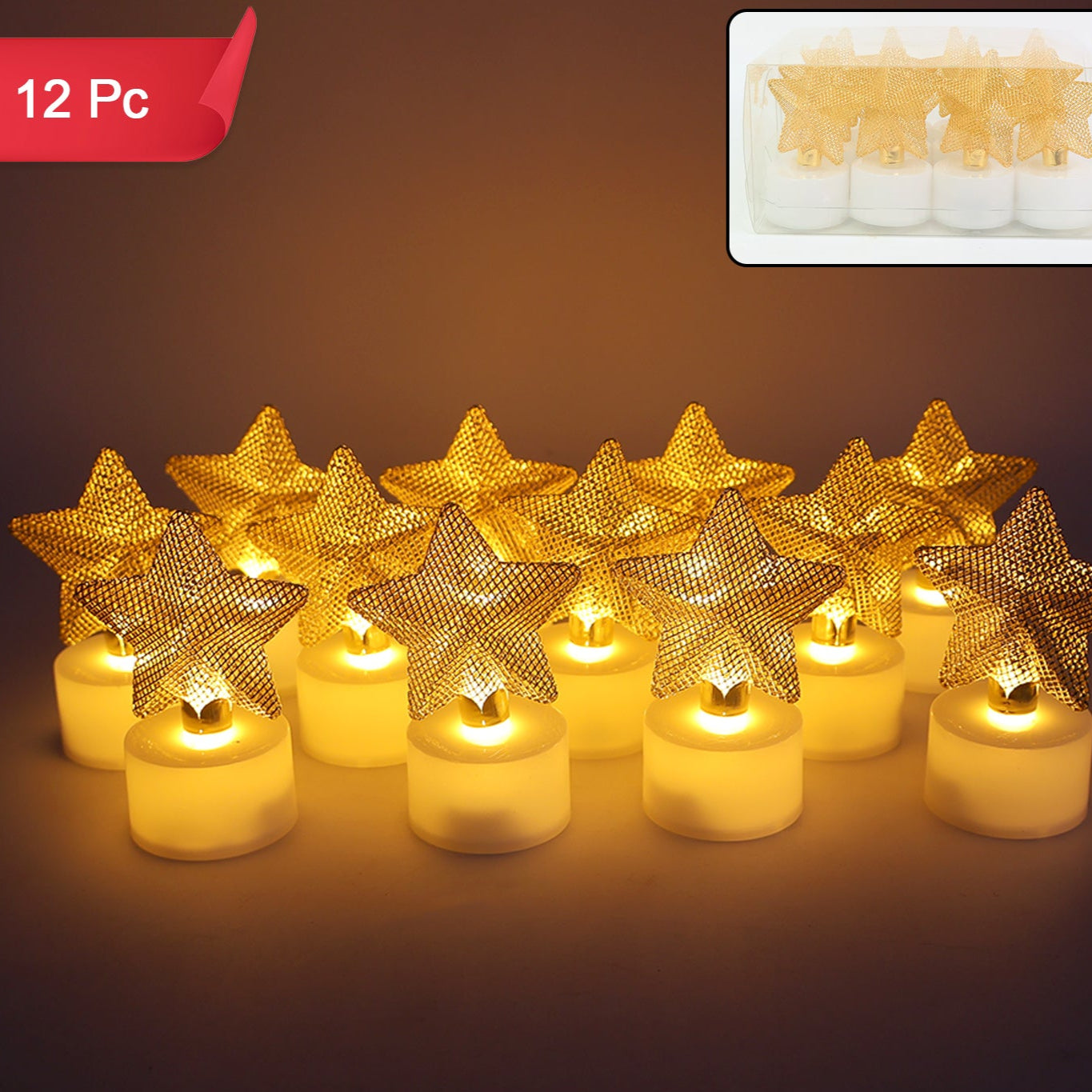 Set of 12 LED Star Tealight Candles - Flameless, Battery Operated Decorative Lights - Happy Price - Image 1