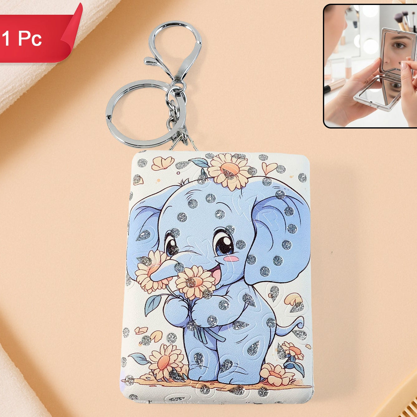 Cute Elephant Foldable Mirror Keychain (1 Pc) - Compact Travel Makeup Mirror - Happy Price - Image 1