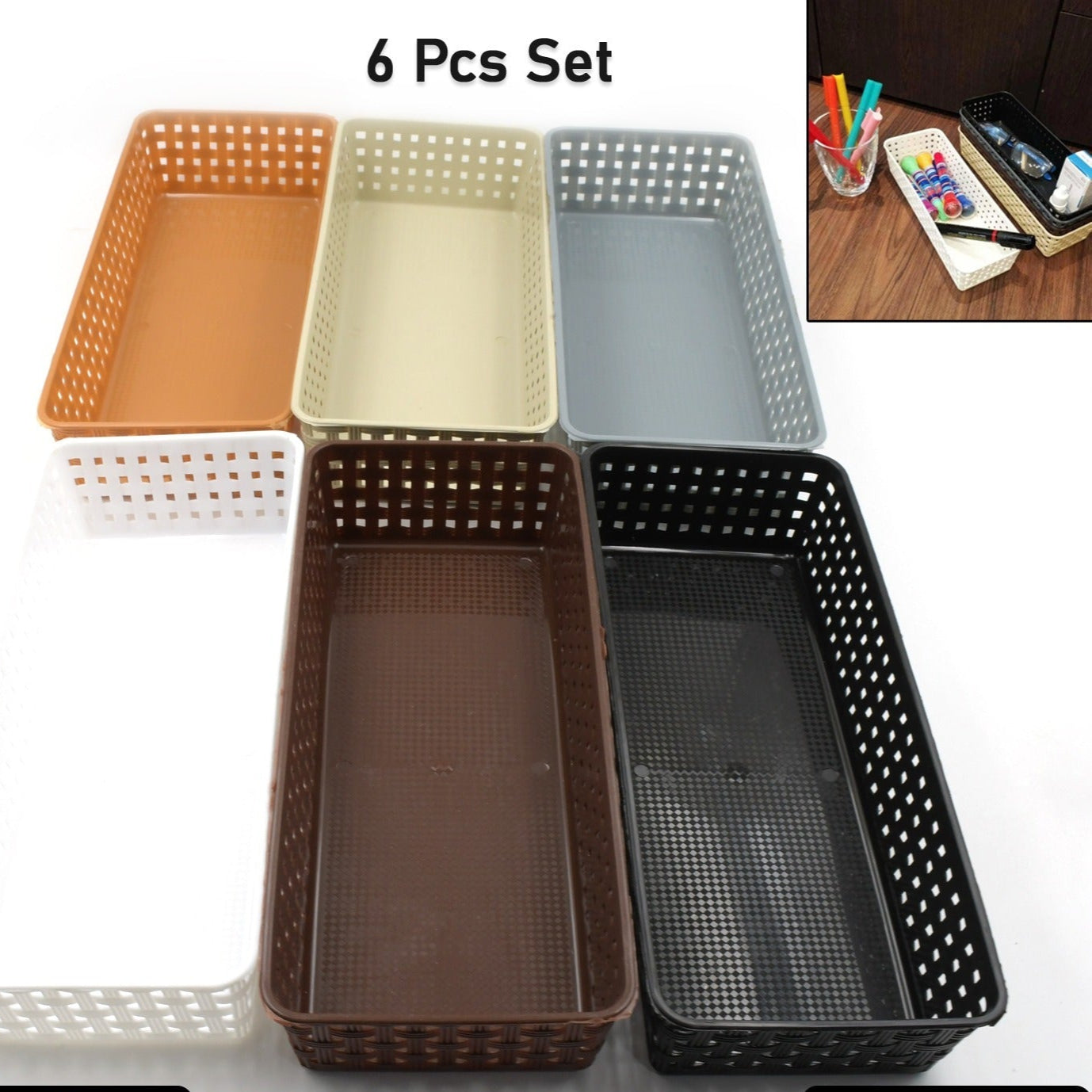 Plastic Multipurpose Desk Organizer Tray Office Drawer Dividers Storage Bins For Kitchen Bathroom Office Makeup Bedroom Dresser Craft Basket Rack Multicolour (6 Pcs Set) - Happy Price - Image 1