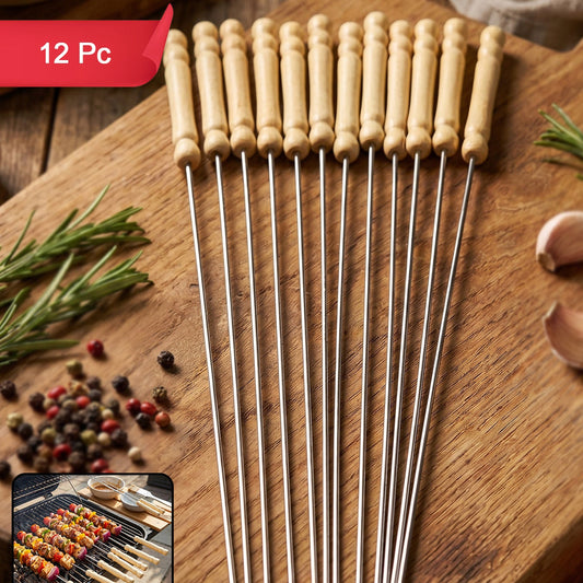 Stainless Steel Bbq Skewers With Wooden Handle (12 Pc)