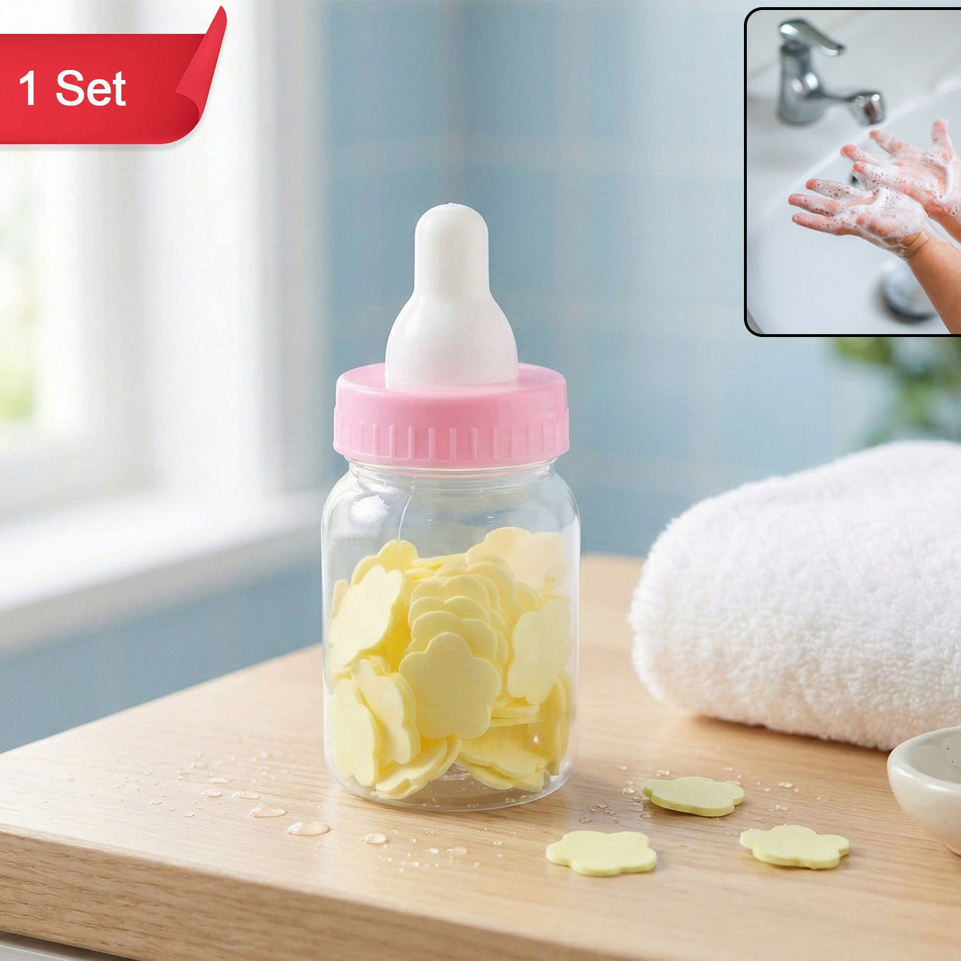 Portable Hand Wash Soap Paper Sheets in Baby Bottle Case - 1 Set - Happy Price - Image 1