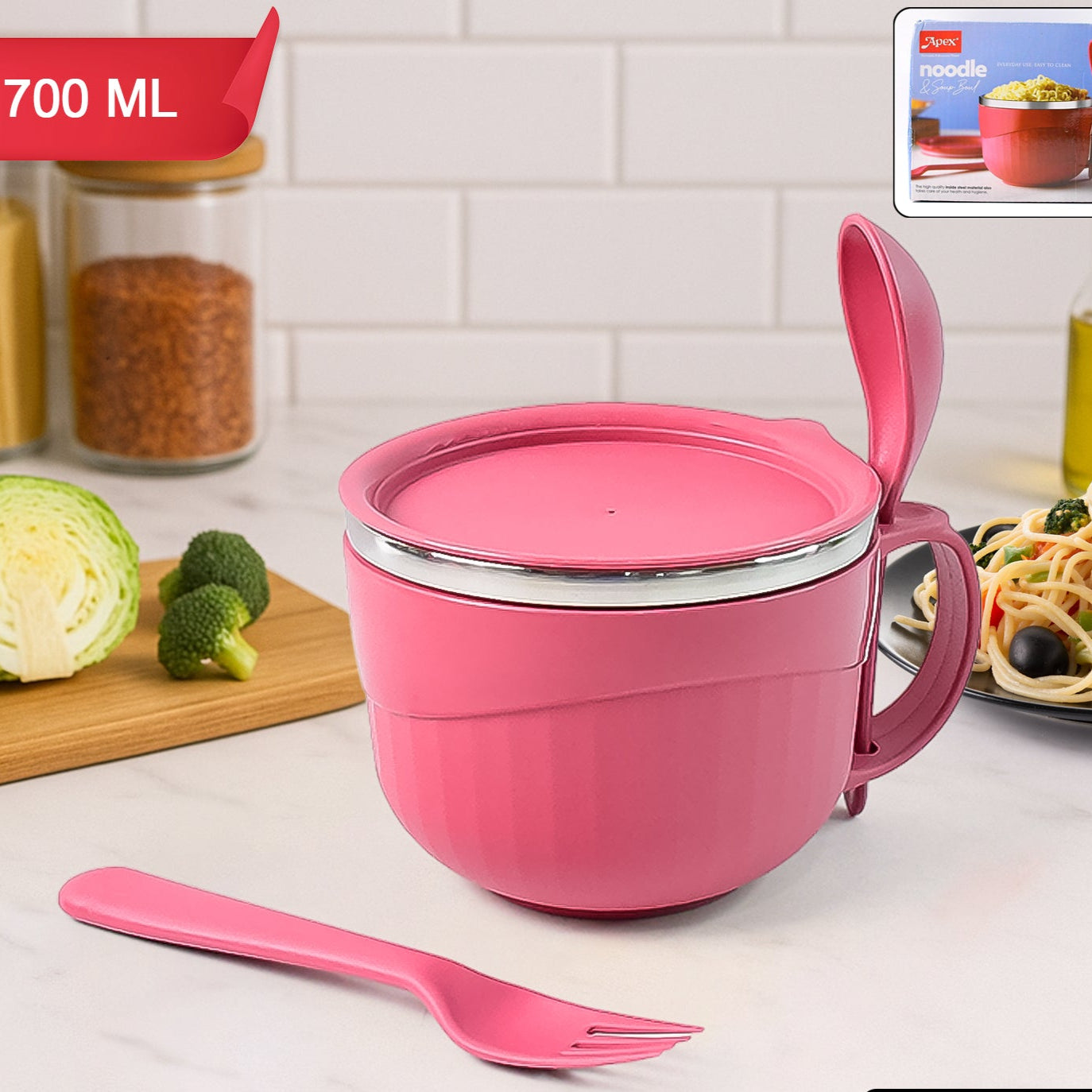 Apex 700 ML Noodle Bowl with Handle, Lid & Fork - Leak-Proof Lunch Container - Happy Price - Image 1