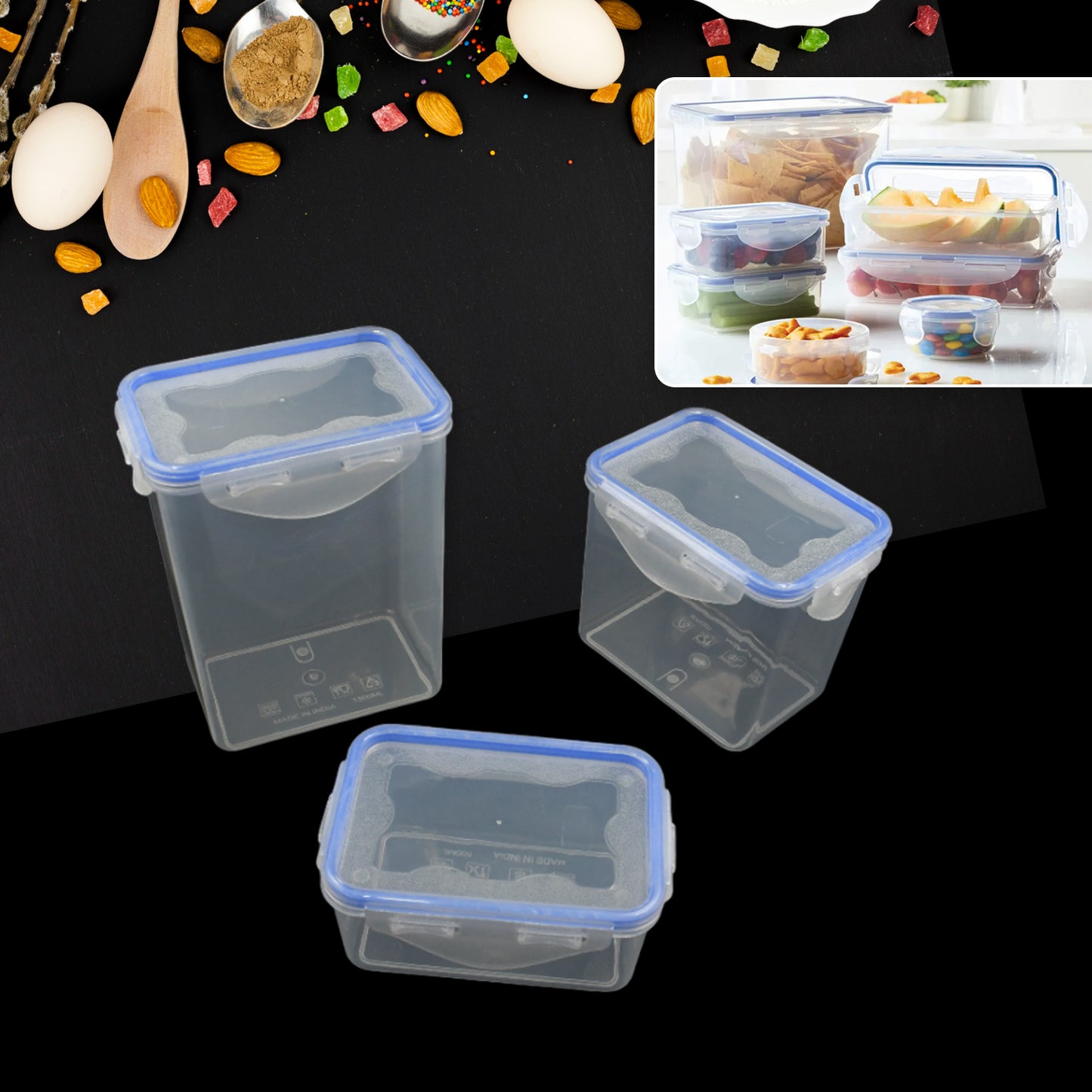 Kitchen Storage Container Set With Food Grade Plastic And Air Seal Lock Lid For Storage Of Grocery Spices Dry Fruits Use For Home Office Restaurant Canteens (3 Piece Set) - Happy Price - Image 2