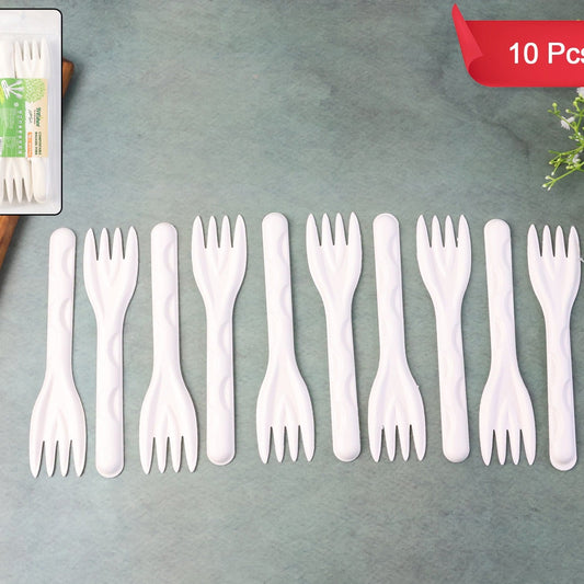 Compostable Bagasse Forks - 10 Pcs Pack, Eco-Friendly Sugarcane Fiber Cutlery - Happy Price - Image 1