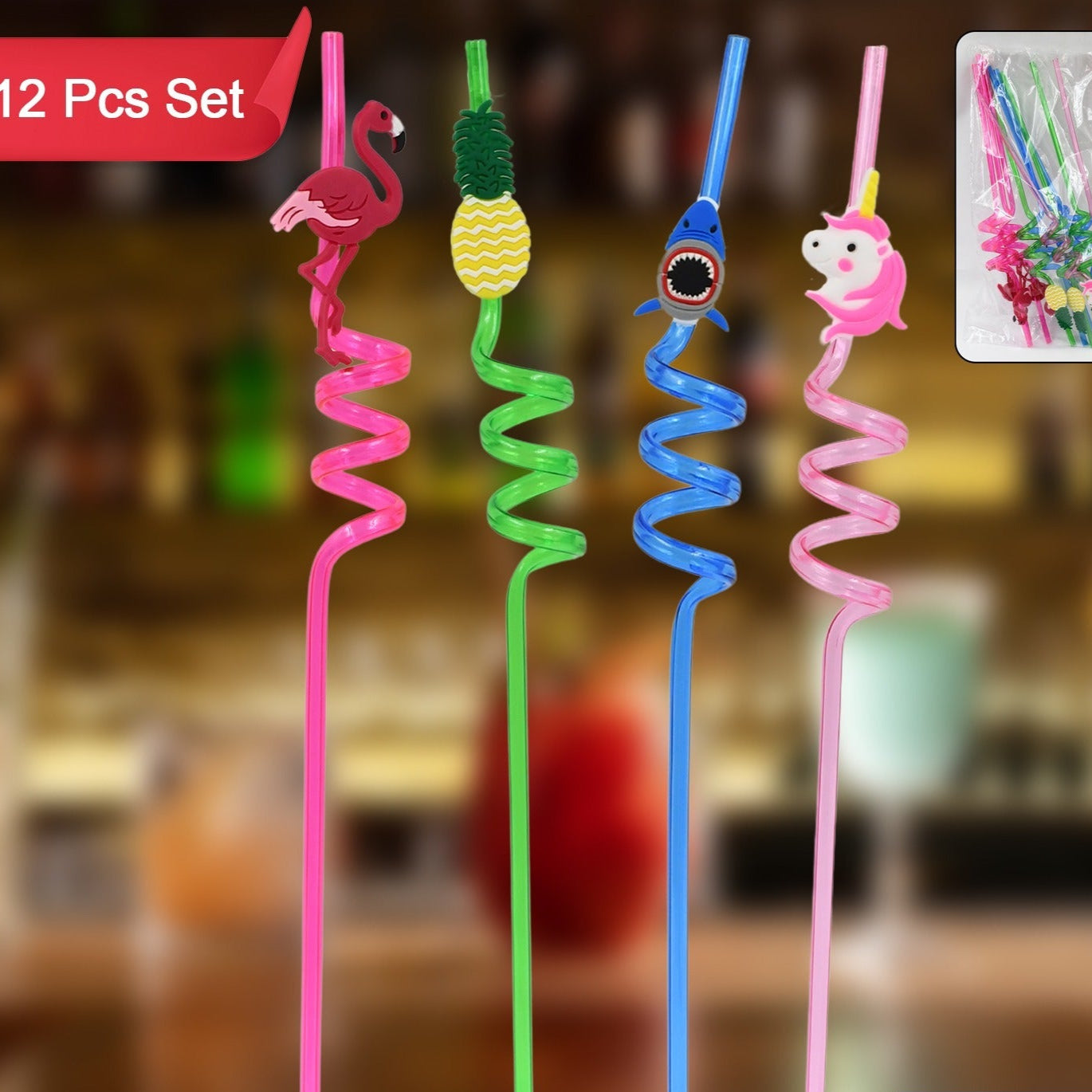 Childrens Plastic Straws Reusable Plastic Straws (12 Pcs Set  Mix Design) - Happy Price - Image 1