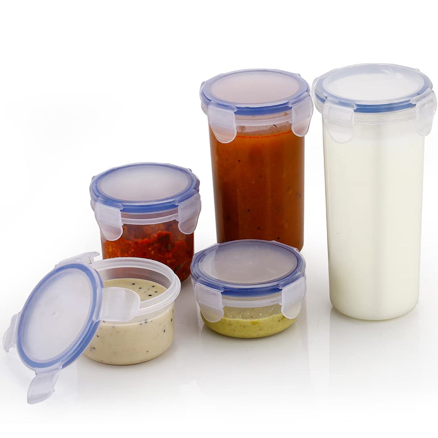 5830 Plastic Liquid Round Airtight Food Storage Container With Leak Proof Locking Lid Bpa Free Container For Kitchen 5 Pcs Set (Transparent  ( Approx Capacity 110 Ml160 Ml210 Ml400 Ml500 Ml) - Happy Price - Image 4
