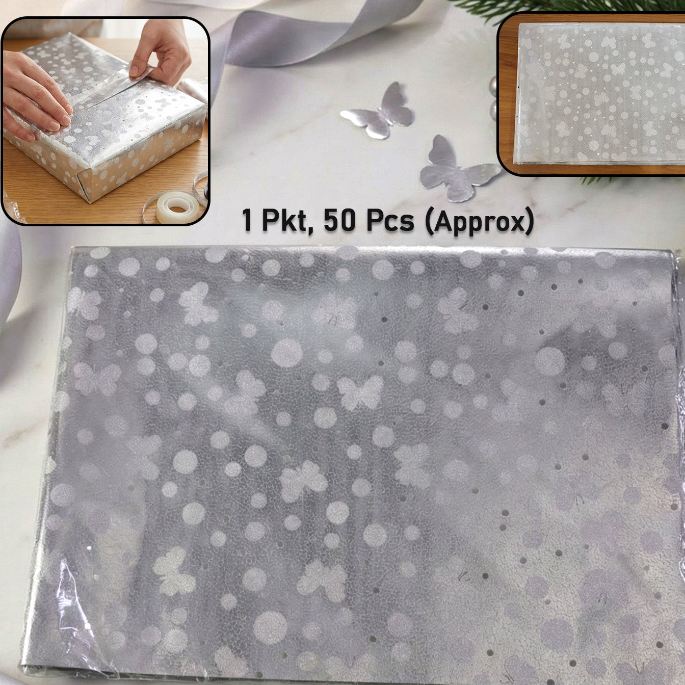 Decorative Silver Gift Wrap Sheets - Butterfly & Polka Dot Design (Approx 20 Pcs) - Happy Price - Image 1