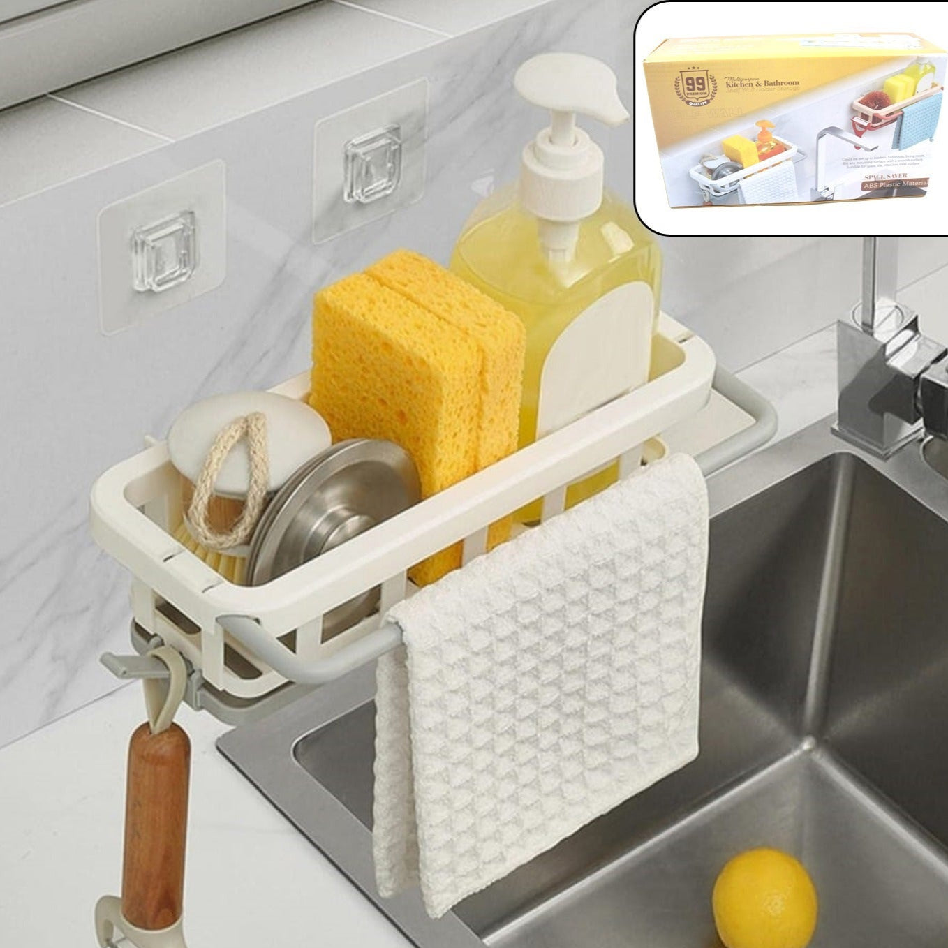 Multipurpose Platic Hanging Drain Rack Retractable Sponge Storage Hanging Rack With Adhesive Hook For Kitchen And Bathroom Dishcloth Holders Basket Drying Tray Organizer - Happy Price - Image 1