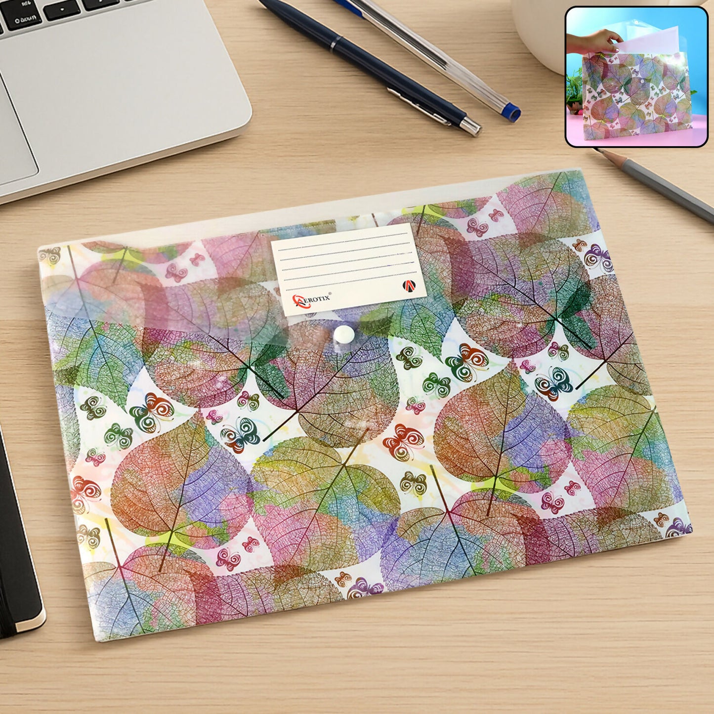 A4 Leaf Print Document Folder with Button Closure and Label Slot (1 Pc) - Happy Price - Image 2