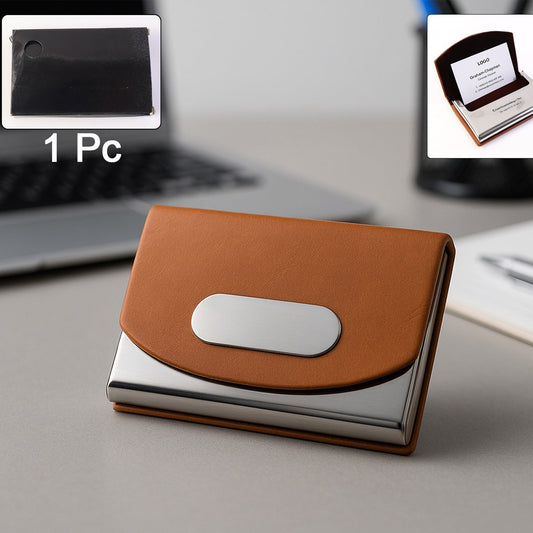 Elegant Leather & Stainless Steel Business Card Holder (1 Pc) - Happy Price - Image 1