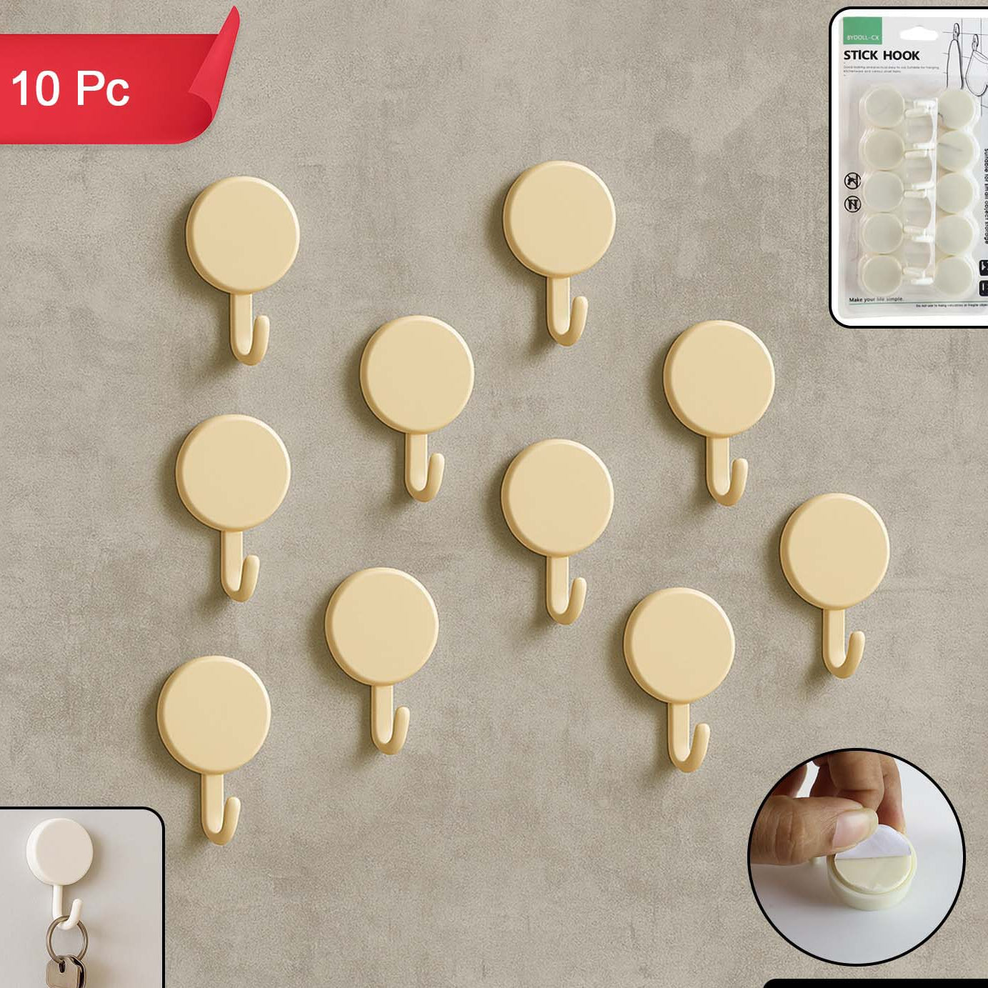 10 Pcs Round Adhesive Wall Hooks - Mini Stick-On Utility Hangers for Keys, Cables, Masks - Happy Price - Image 1