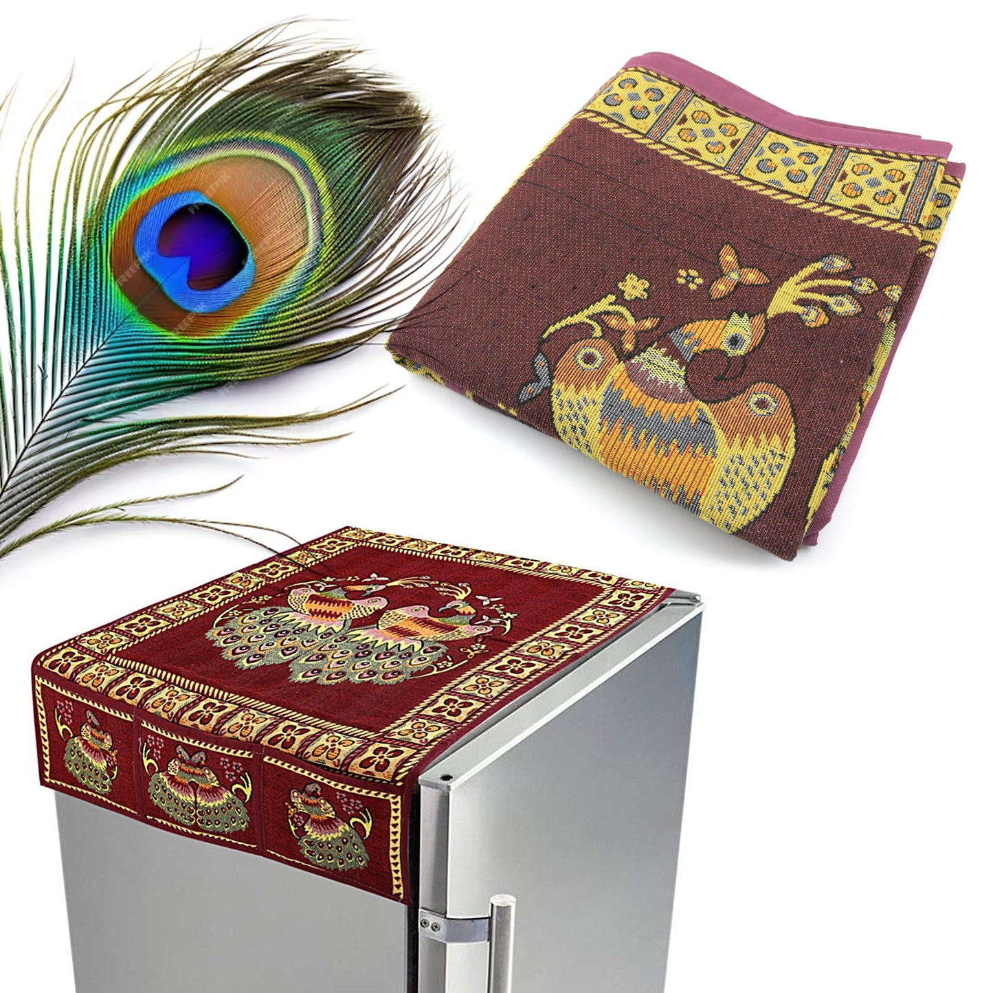 Cotton Fridge Top Cover Set - Standard Appliance Covers Fridge Dustproof Cover With Peacock Deign 6 Utility Side Pockets Fridge Cover For All Types Fridge Refrigerator Use (100x60cm) - Happy Price - Image 6