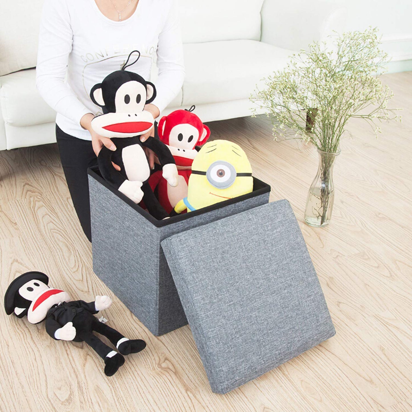 Foldable Storage Ottoman with Cushion Seat - Cube Shape Stool for Living Room - Happy Price - Image 2