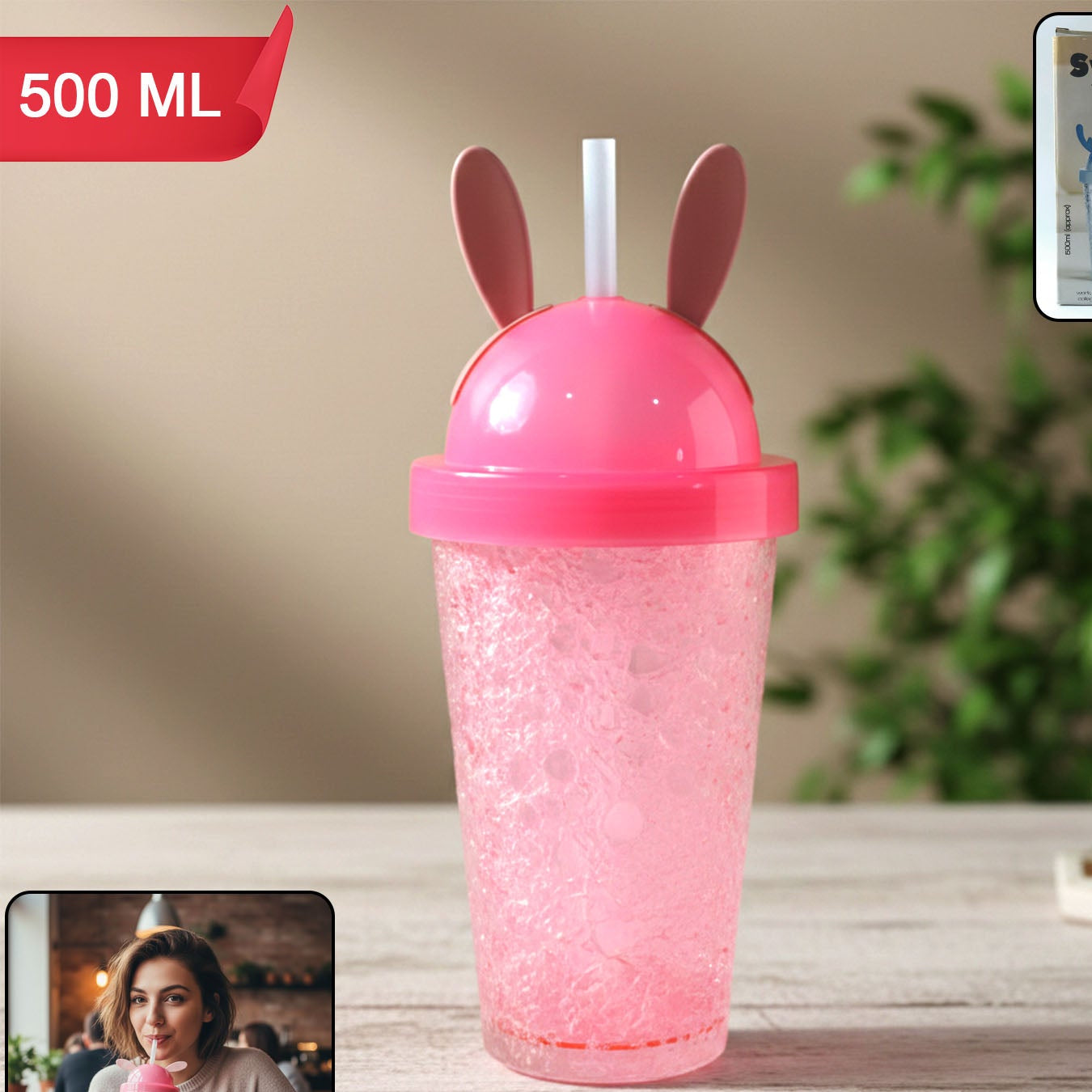 Cute Bunny Ear Sipper Bottle with Straw Lid - 500 ML, 1 Pc - Happy Price - Image 1