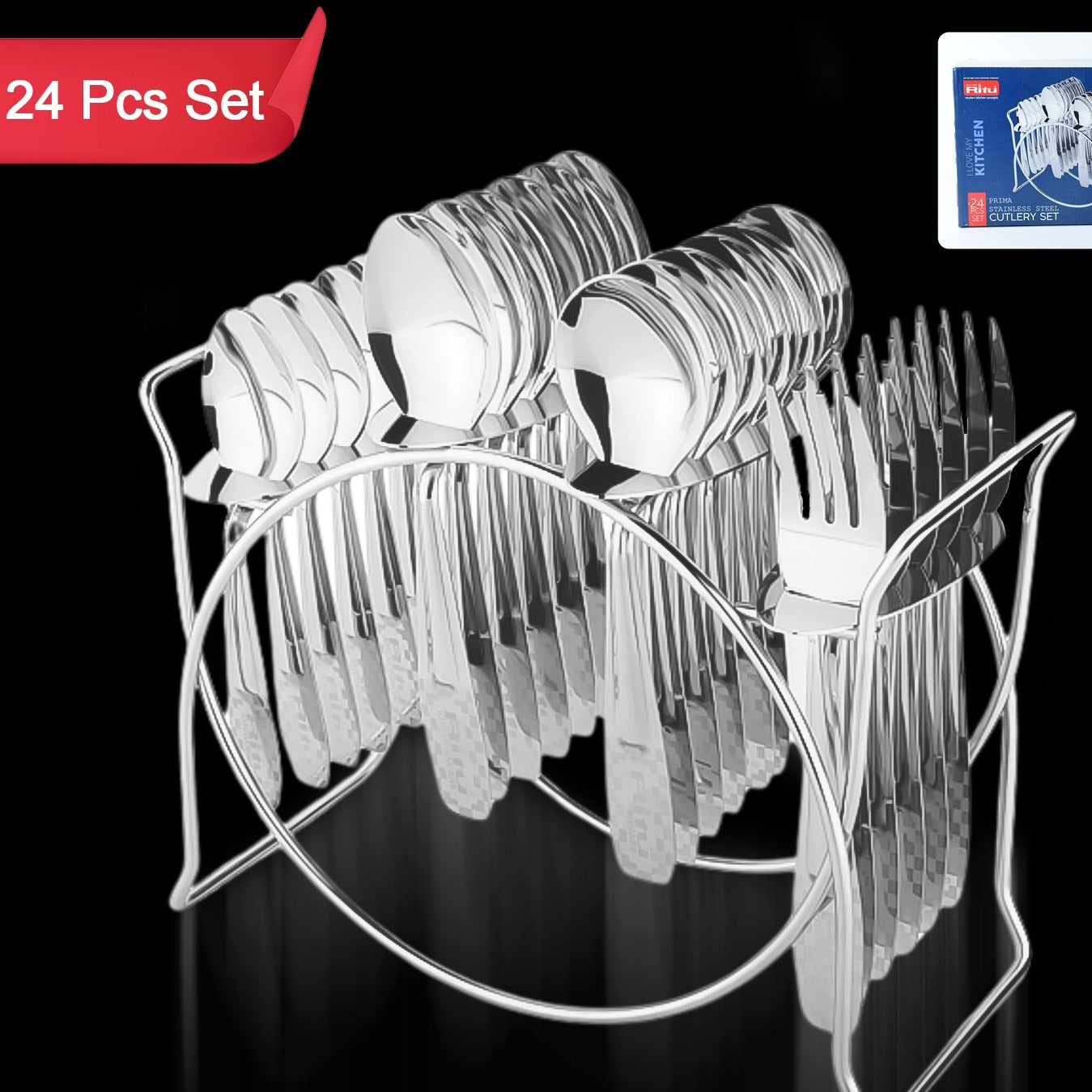 Stainless Steel Cutlery Set With Elegant Storage Stand (24 Pc) - Happy Price - Image 1