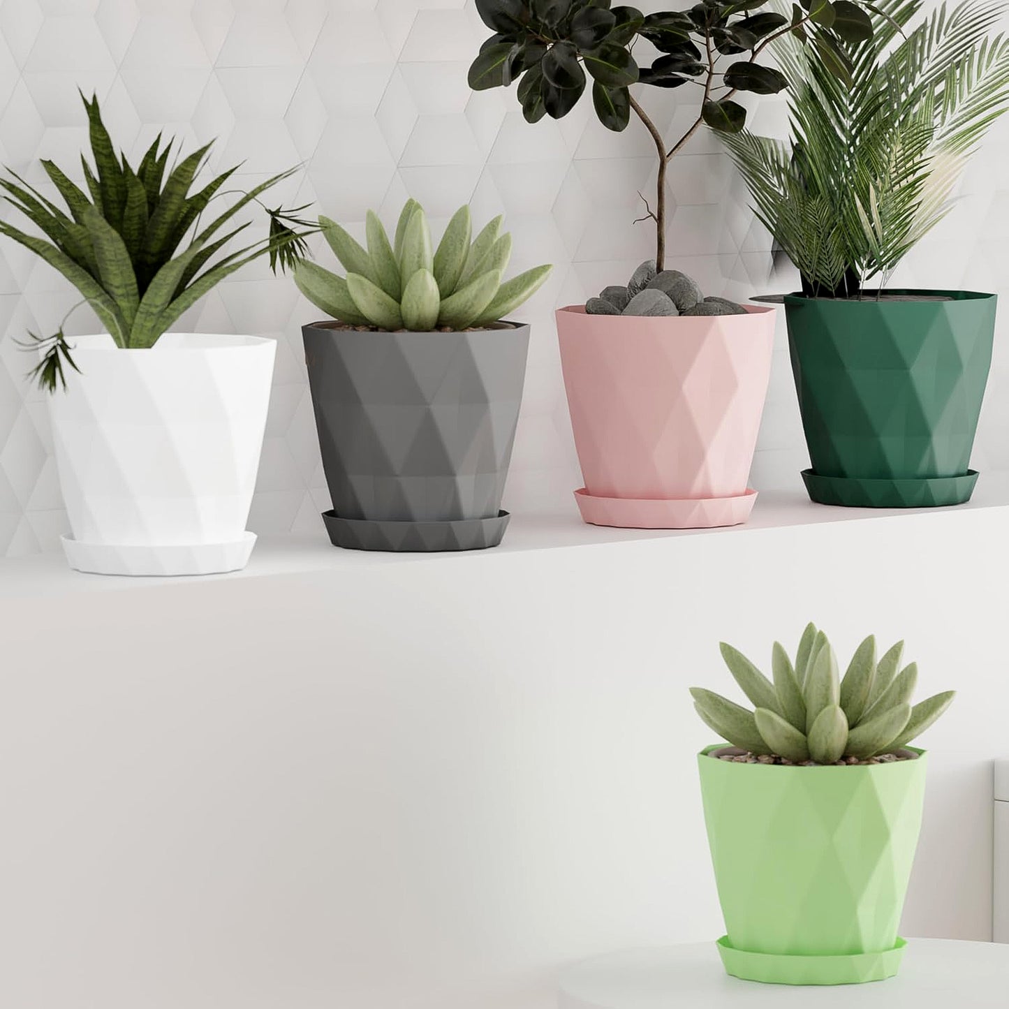 Diamond Design Plastic Flower Pot Set with Drain Tray (5 Pc) - Happy Price - Image 5