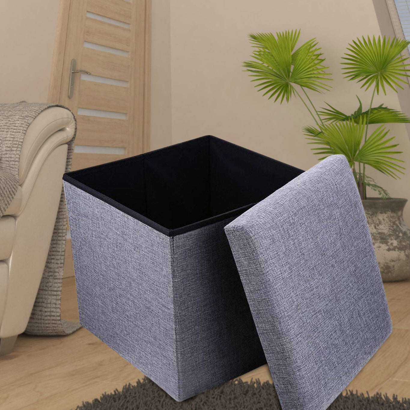 Foldable Storage Ottoman with Cushion Seat - Cube Shape Stool for Living Room - Happy Price - Image 1