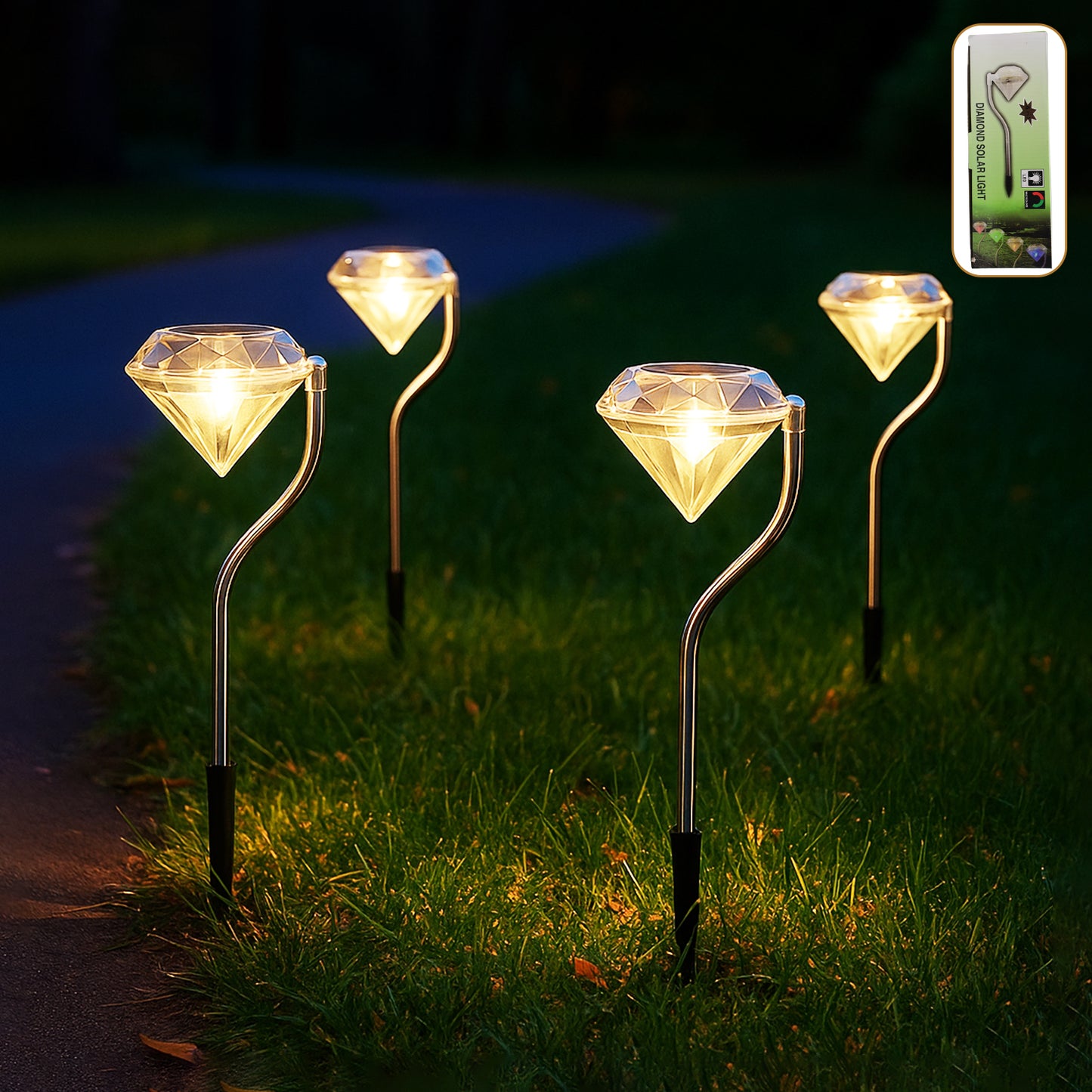 Diamond Shape Solar Garden Lights - Set of 4 Waterproof LED Pathway Lamps - Happy Price - Image 3
