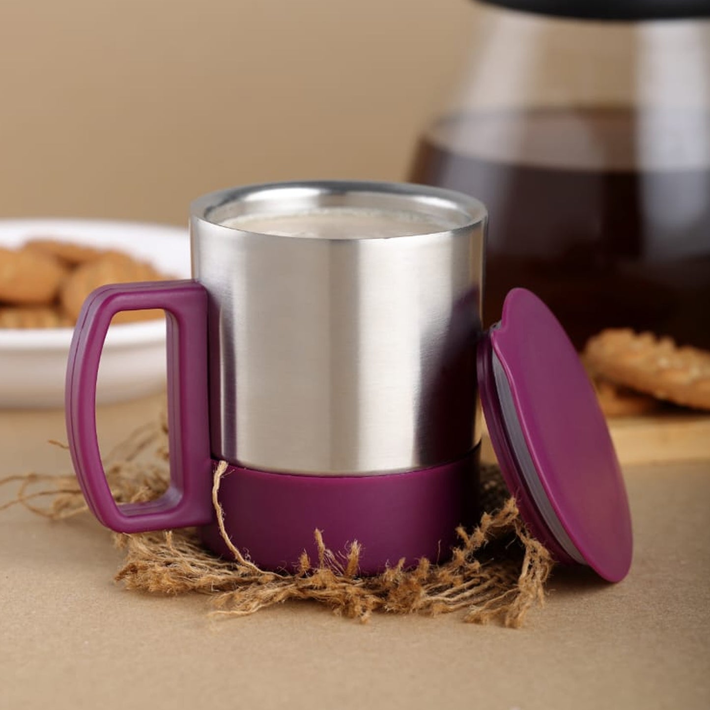 Stainless Steel Coffeetea Cup Stainless Steel Lid Cover Hot Coffeetea Mug Hot Insulated Double Wall Stainless Steel Coffee And Milk Cup With Lid  Handle Easy To Carry - Coffee Cup (1 Pc) - Happy Price - Image 2