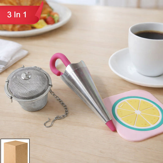 3-in-1 Tea & Coffee Drinkware Accessory Set with Infuser, Stirrer & Coaster - Happy Price - Image 1