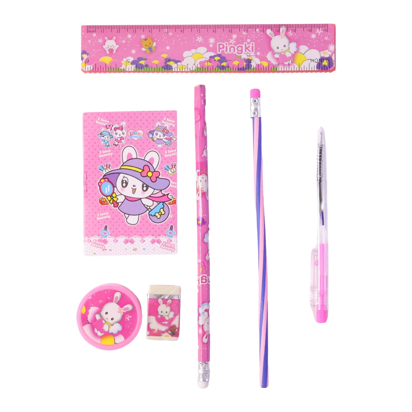 7-in-1 Cute Pink Stationery Kit for Kids - Includes Pen, Pencil, Notebook & More - Happy Price - Image 4