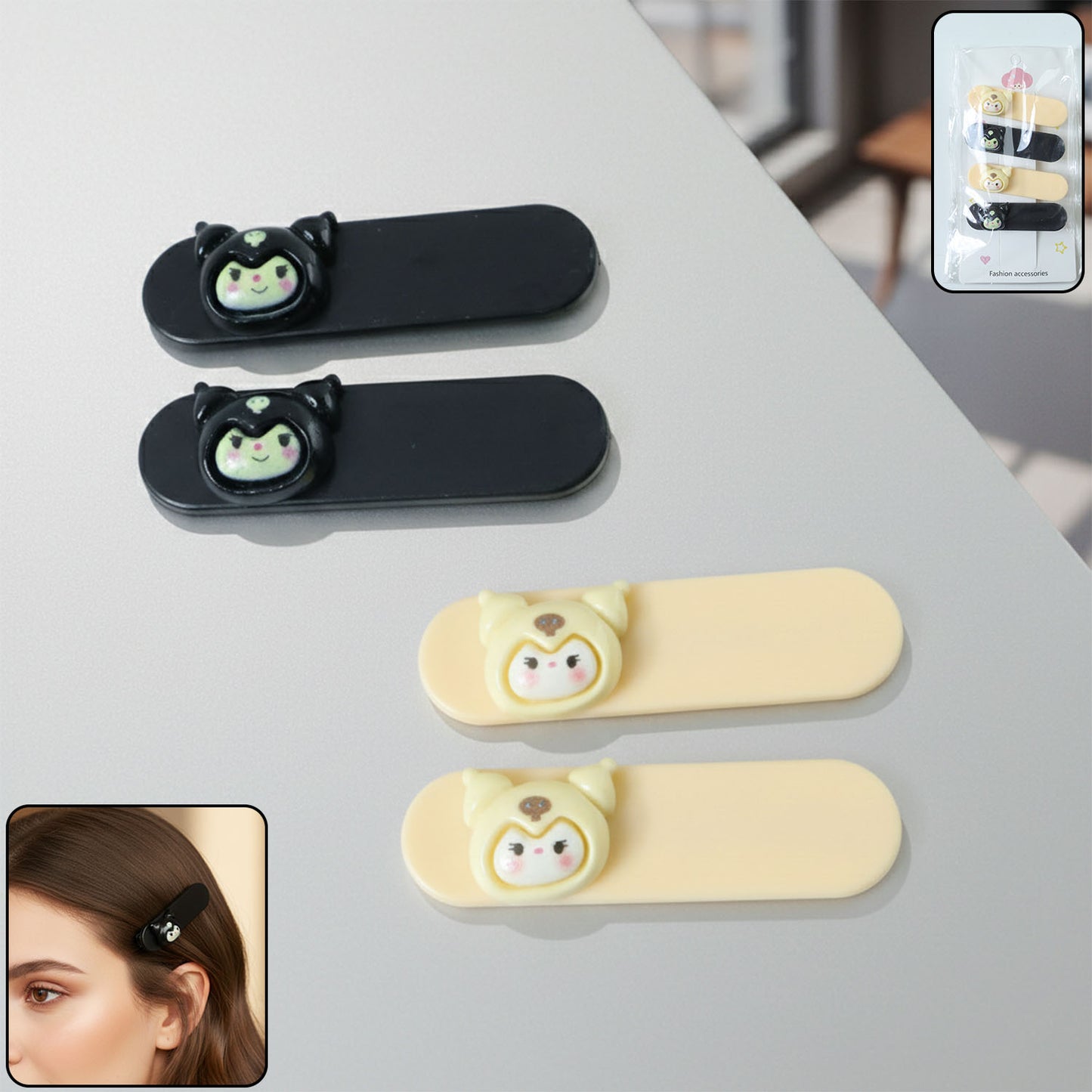 Cute Cartoon Character Hair Clips Set - 4 Pc Snap Clips for Girls & Women - Happy Price - Image 2