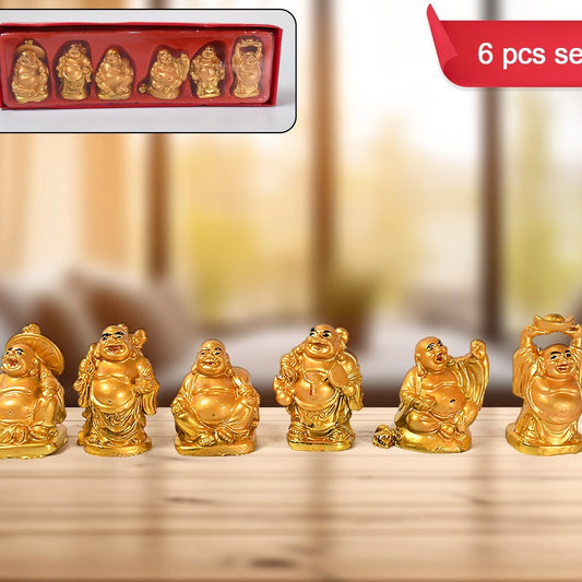Golden Laughing Buddha Set Of Six Pieces Statue For Happiness Wealth  Good Luck Decor For Wealth And Success (6 Pcs Set) - Happy Price - Image 1